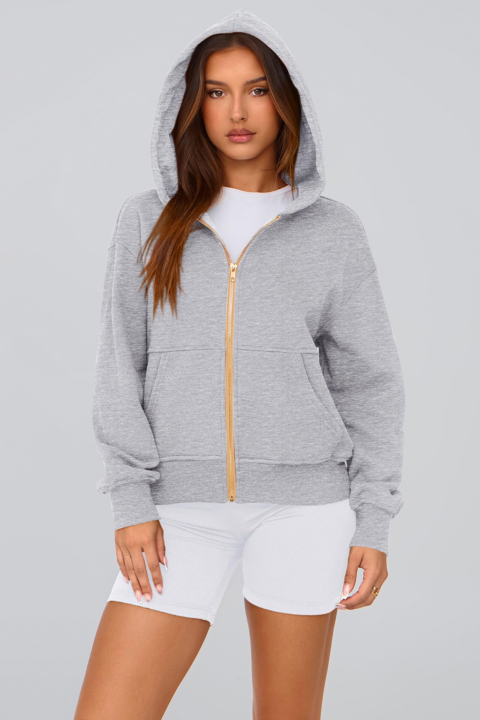 Hoodies for Women Fall Fashion Zip Up Fleece Plain Sweatshirt