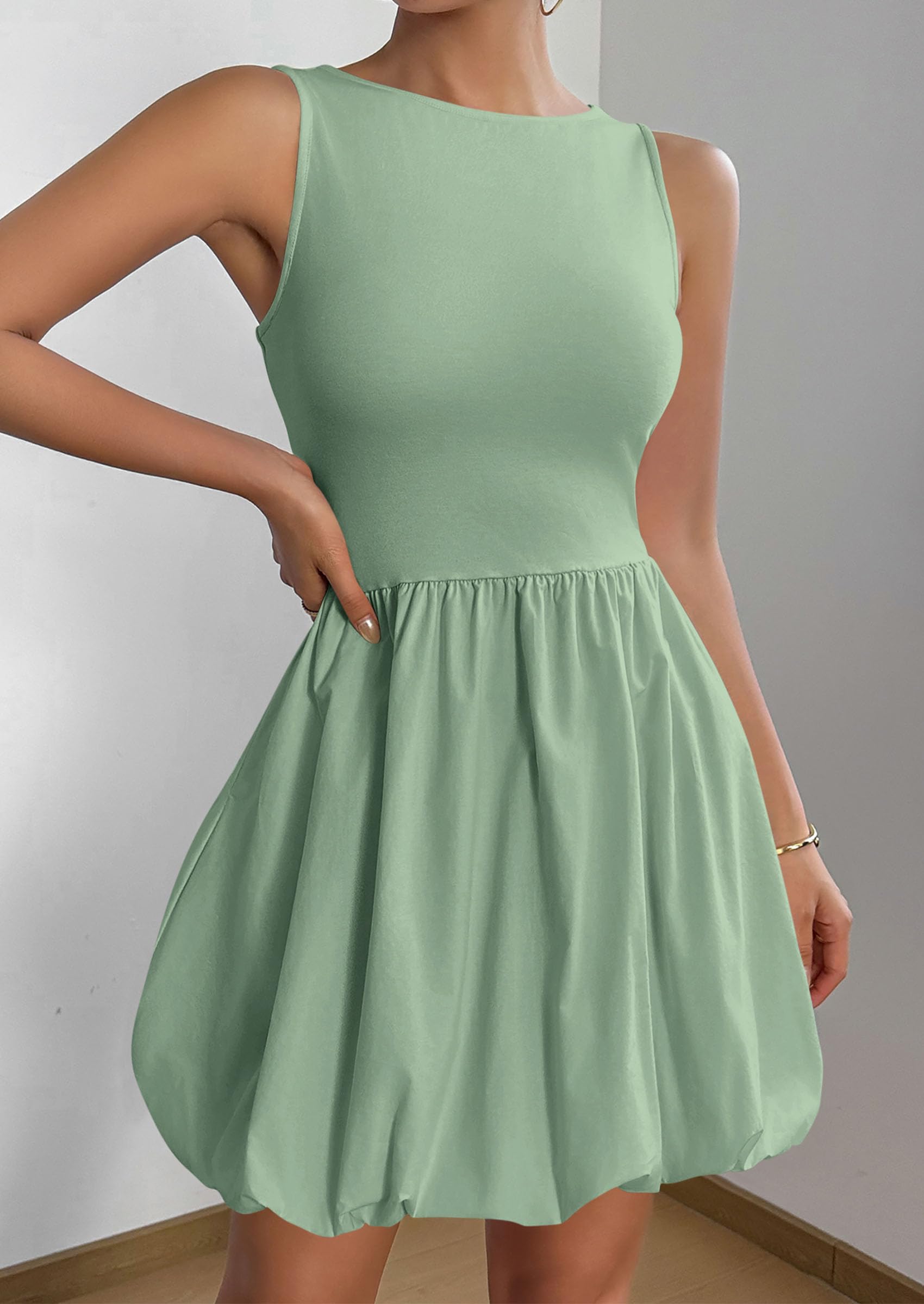 Womens Summer Bubble Sleeveless Mini Dress,Green,S