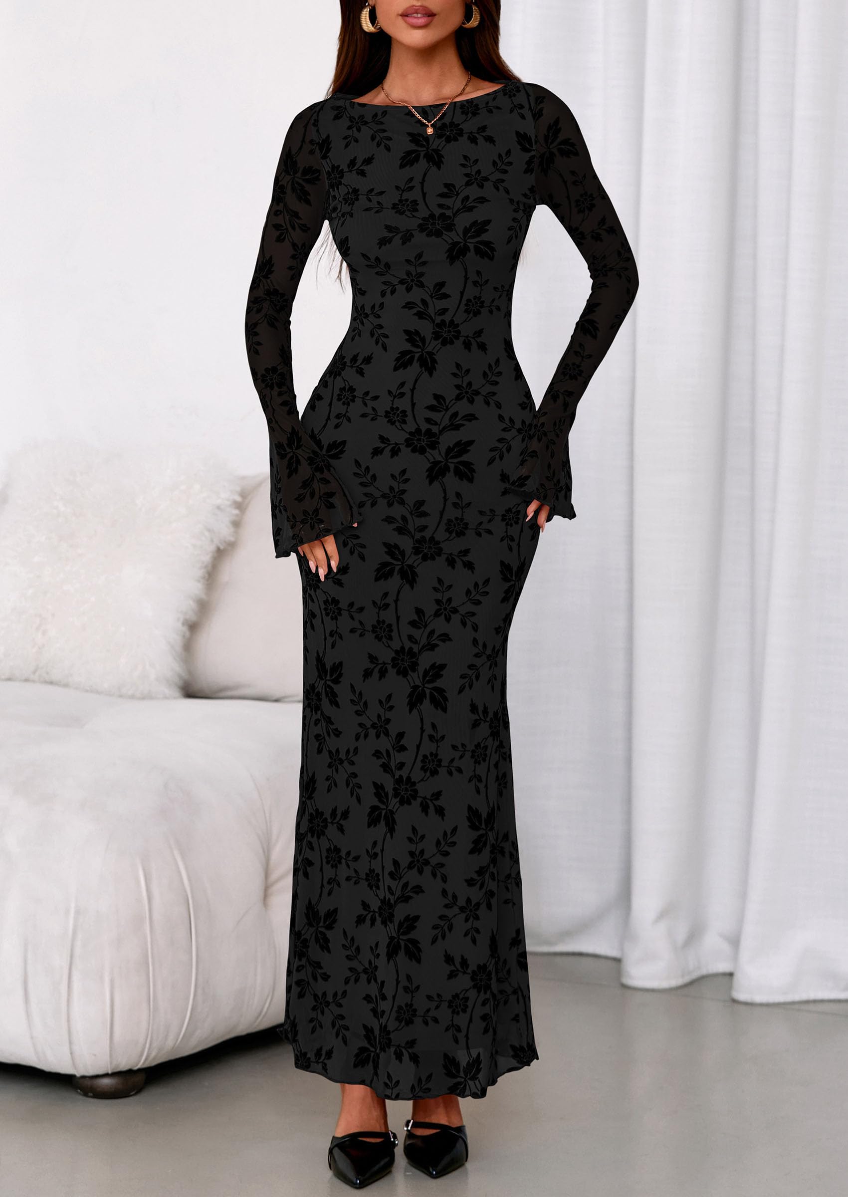 Women's Floral Bodycon Maxi Dress Wedding Guest Dresses Black