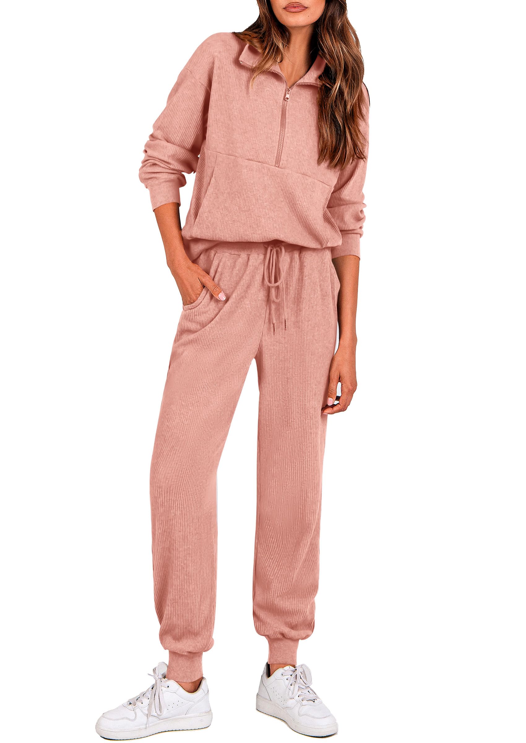 Airport Travel Outfit Women Ribbed Knit Matching Lounge Sets