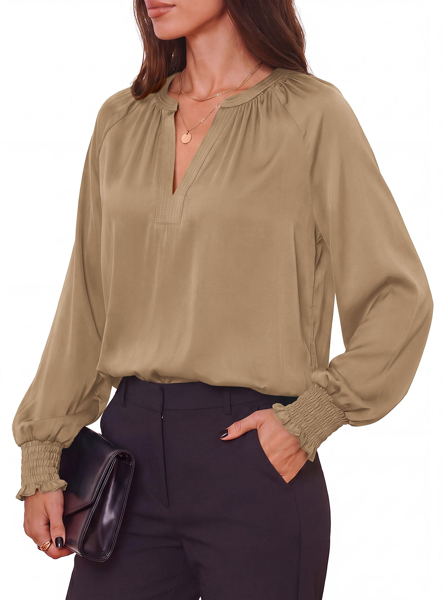 Women's Satin Blouses V Neck Long Sleeve Tops,Khaki,S