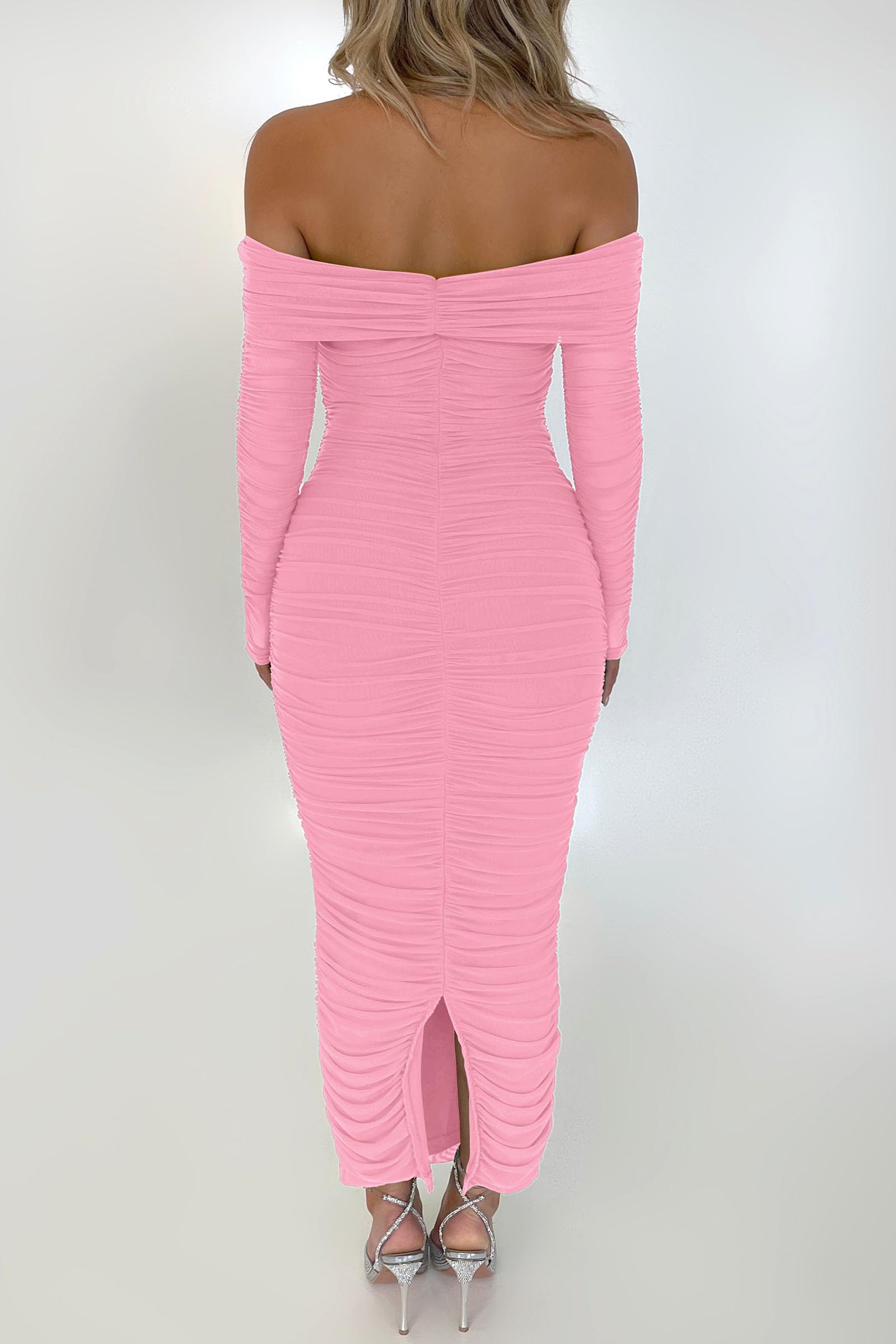 Women's Off the Shoulder Maxi Bodycon Dress, Pink,S