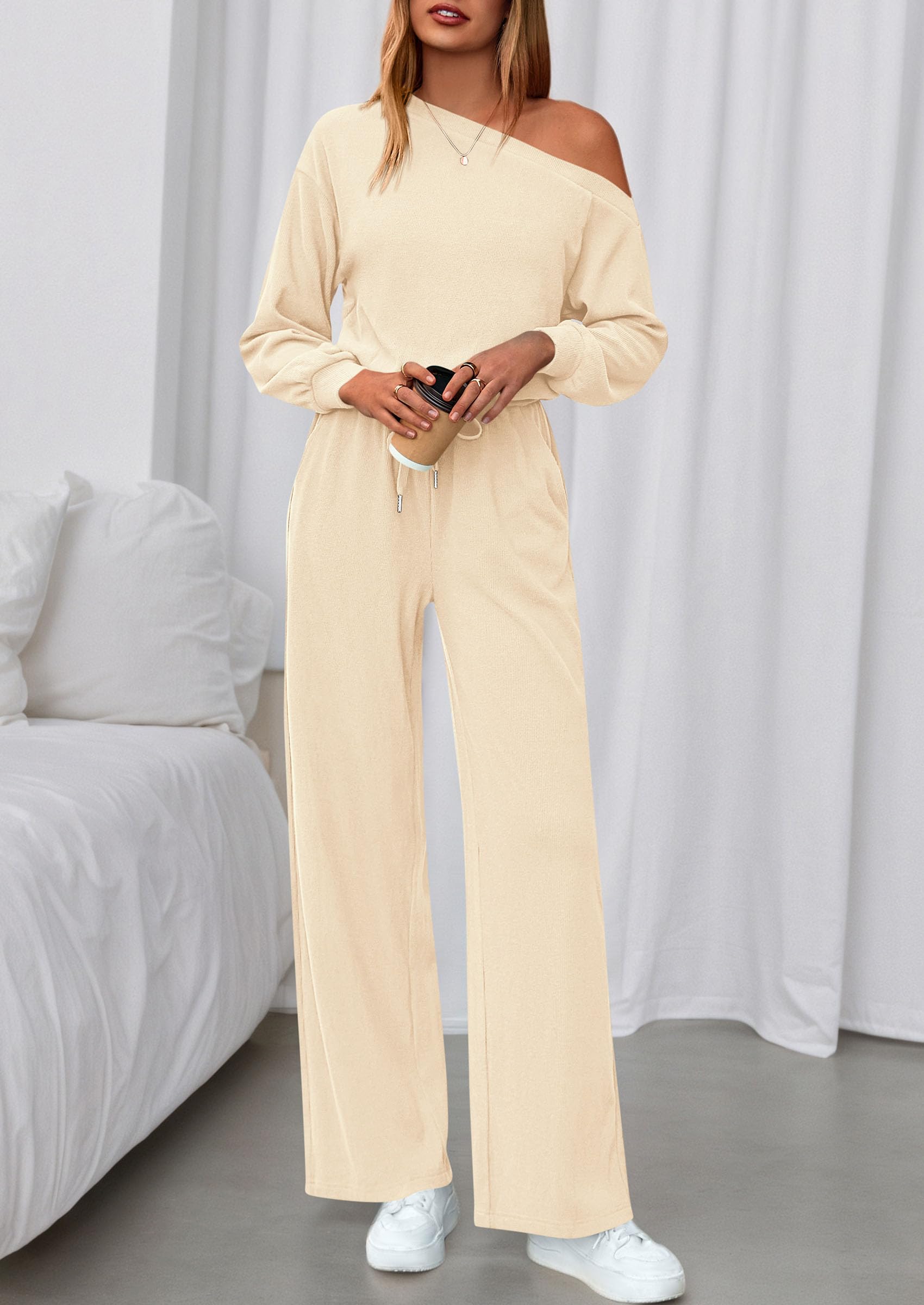 Womens Off Shoulder Long Sleeve Jumpsuit,Apricot,M