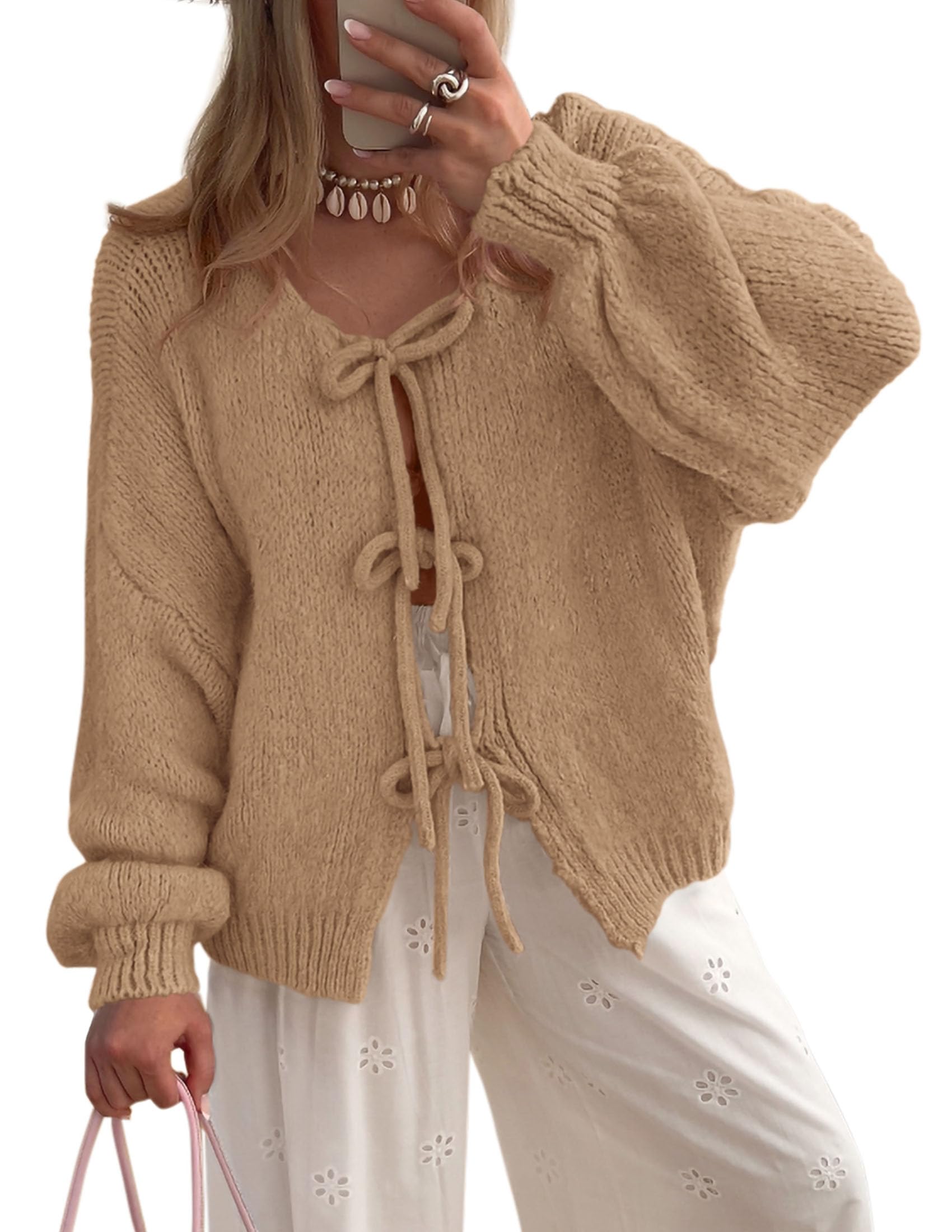 Women's Tie Front Bow Cardigan Sweaters(Camel,Small)