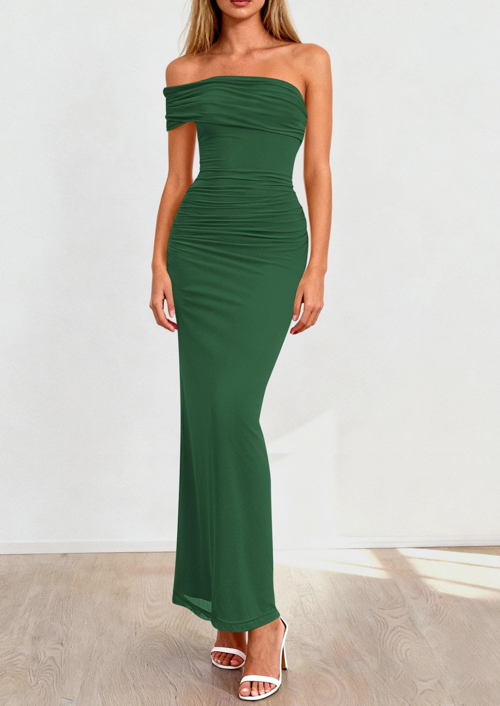 Women's Semi Formal One Off Shoulder Dresses (Green,S)