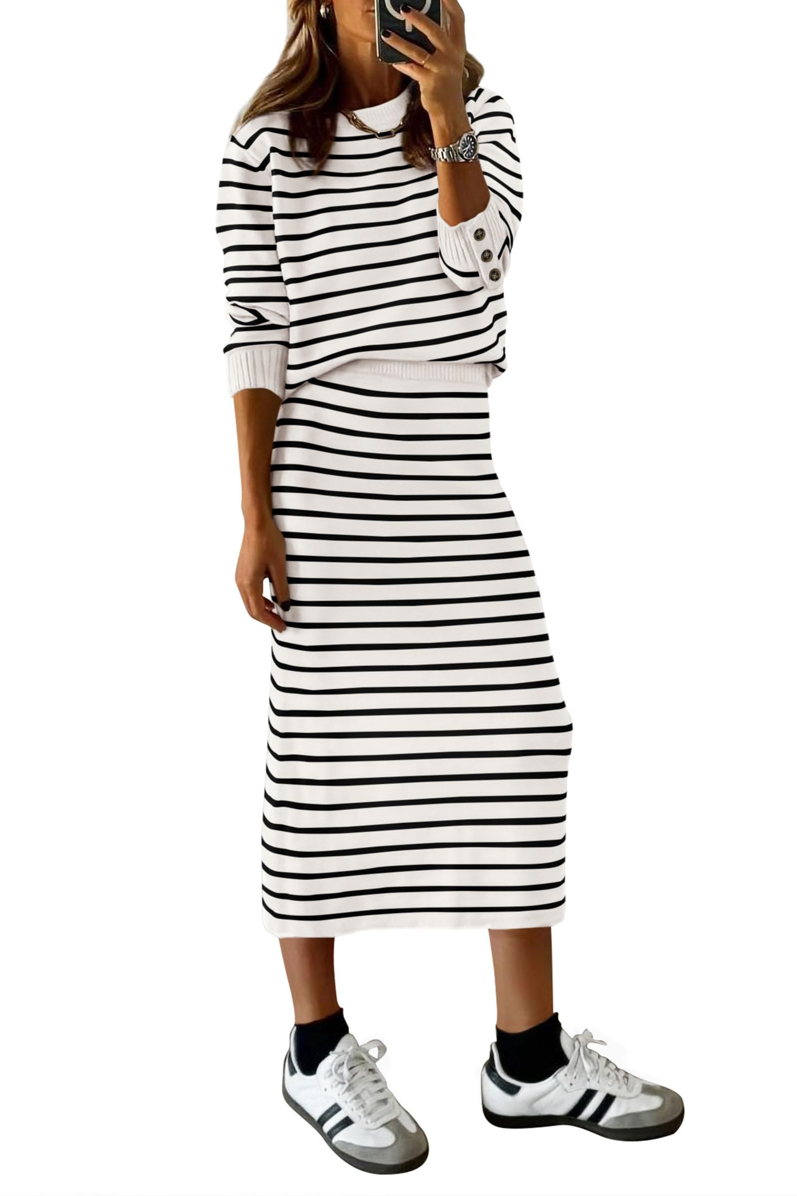 Women's 2 Piece Striped Sweater Skirt Set Fall Matching Sets