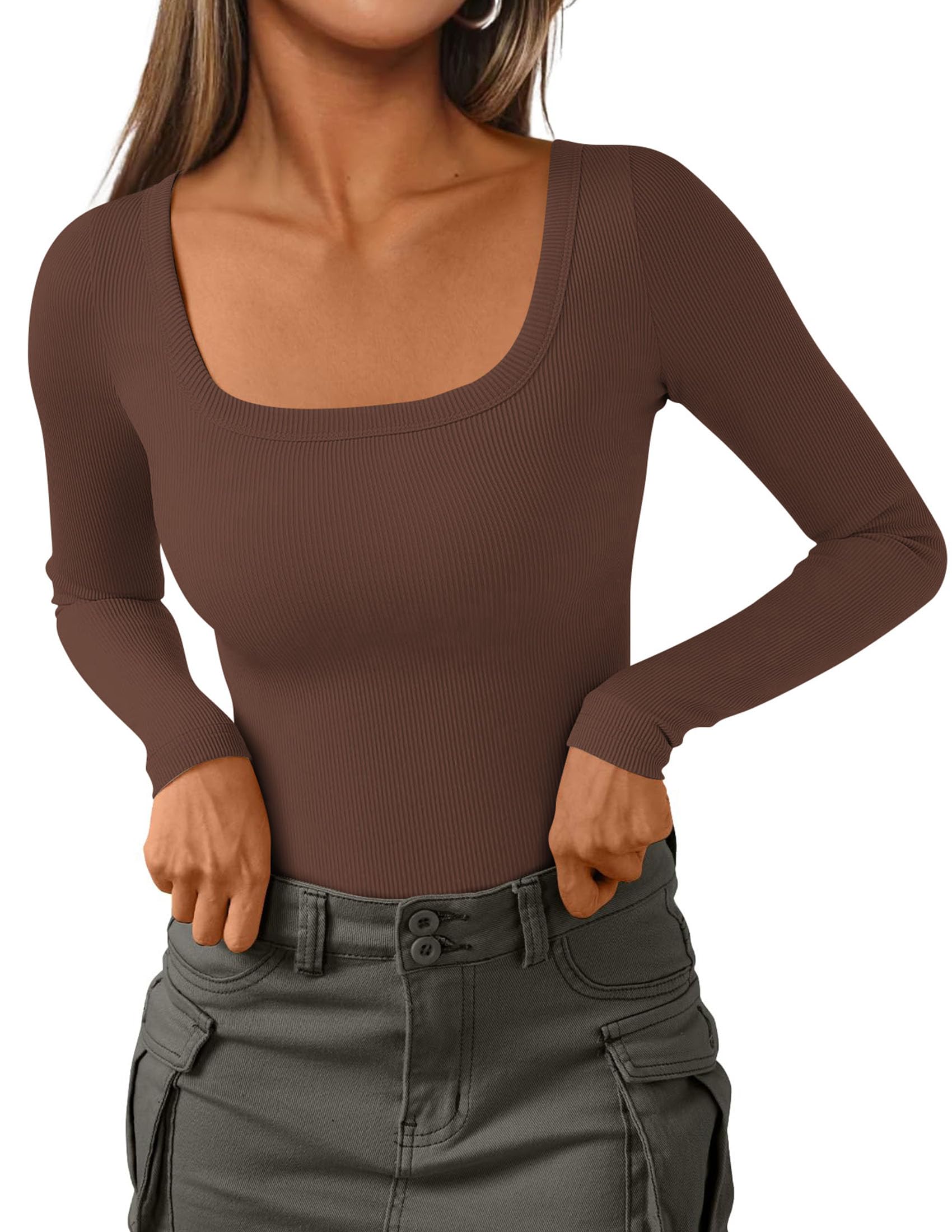 Square Neck Long Sleeve Shirts for Women Brown,S