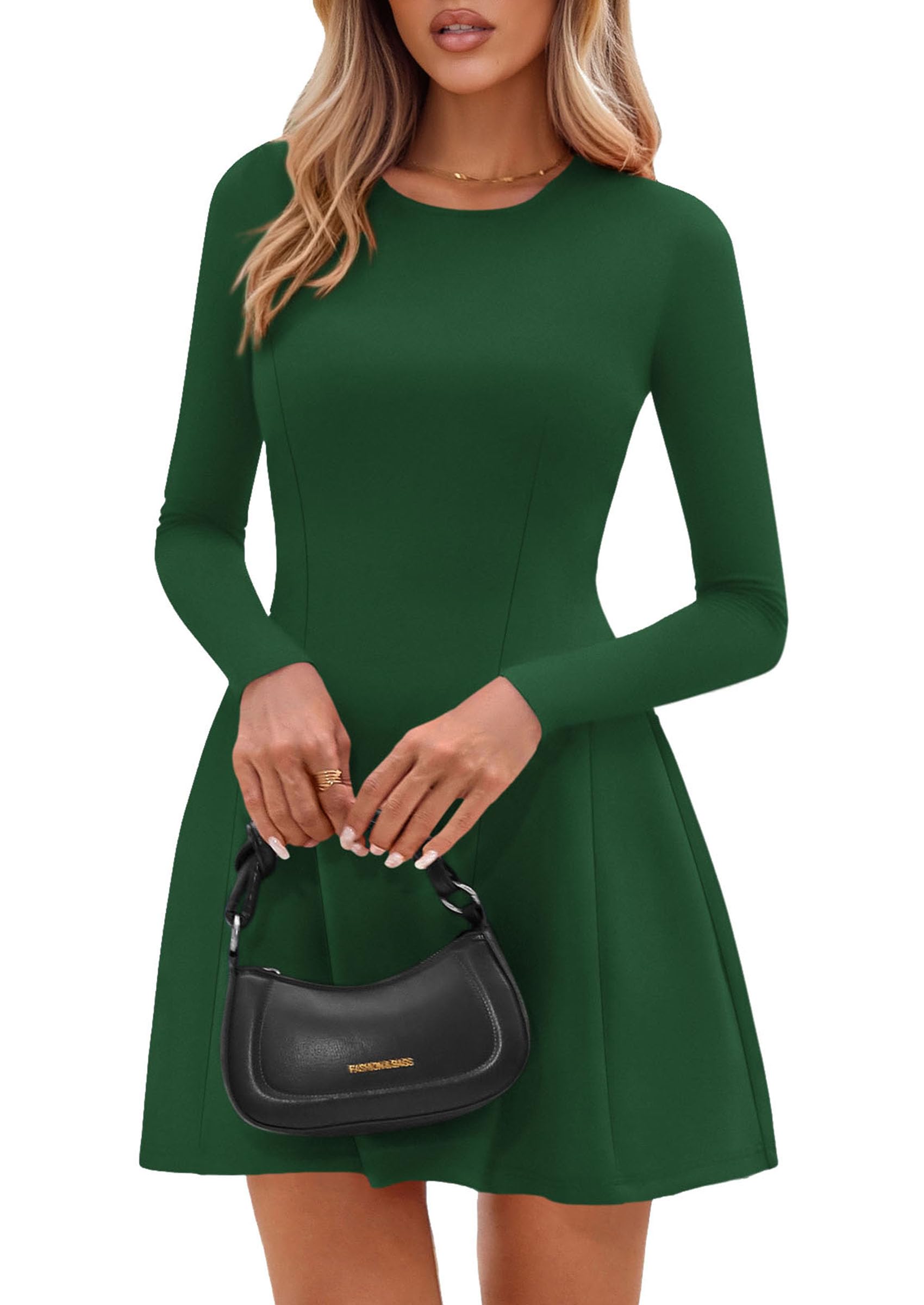 Womens Long Sleeve Pleated Mini Dress,Green,XS