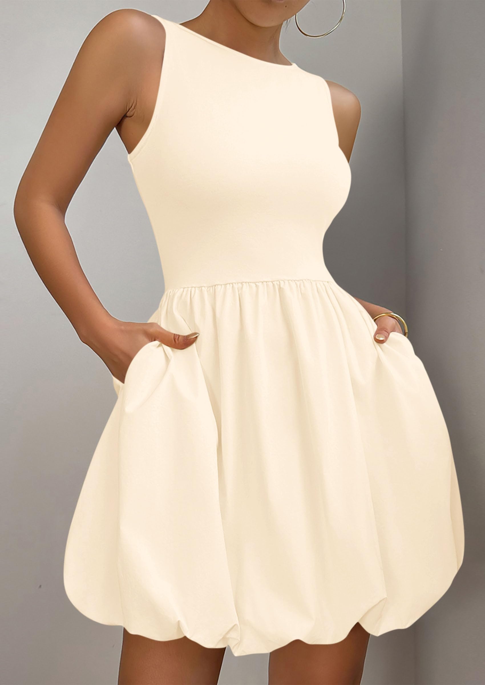 Womens Summer Bubble Sleeveless Mini Dress,Beige,S