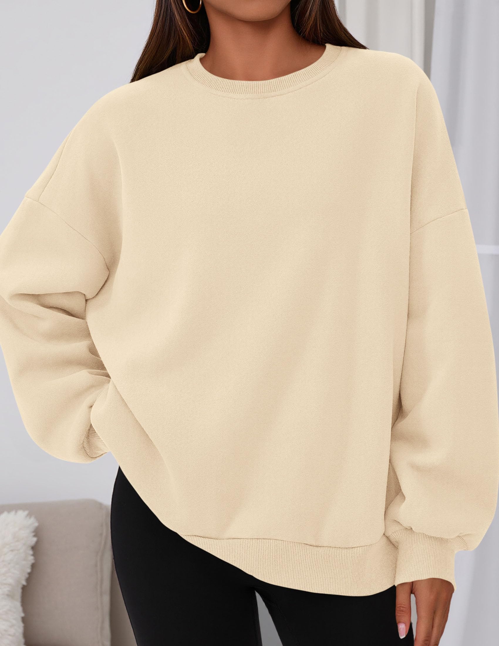 Womens Oversized Crewneck Sweatshirt 2026 Fall Outfits Beige