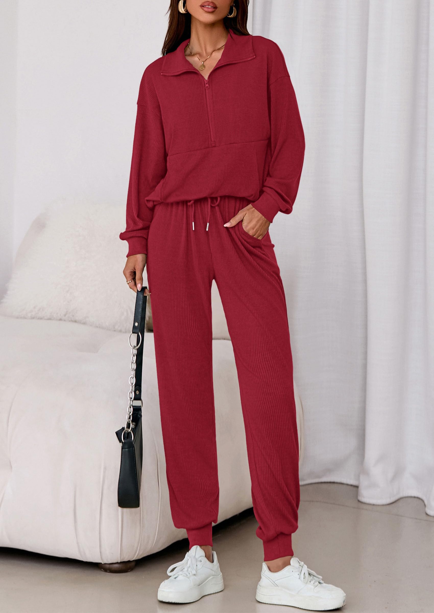Airport Travel Outfit Women Ribbed Knit Matching Lounge Sets