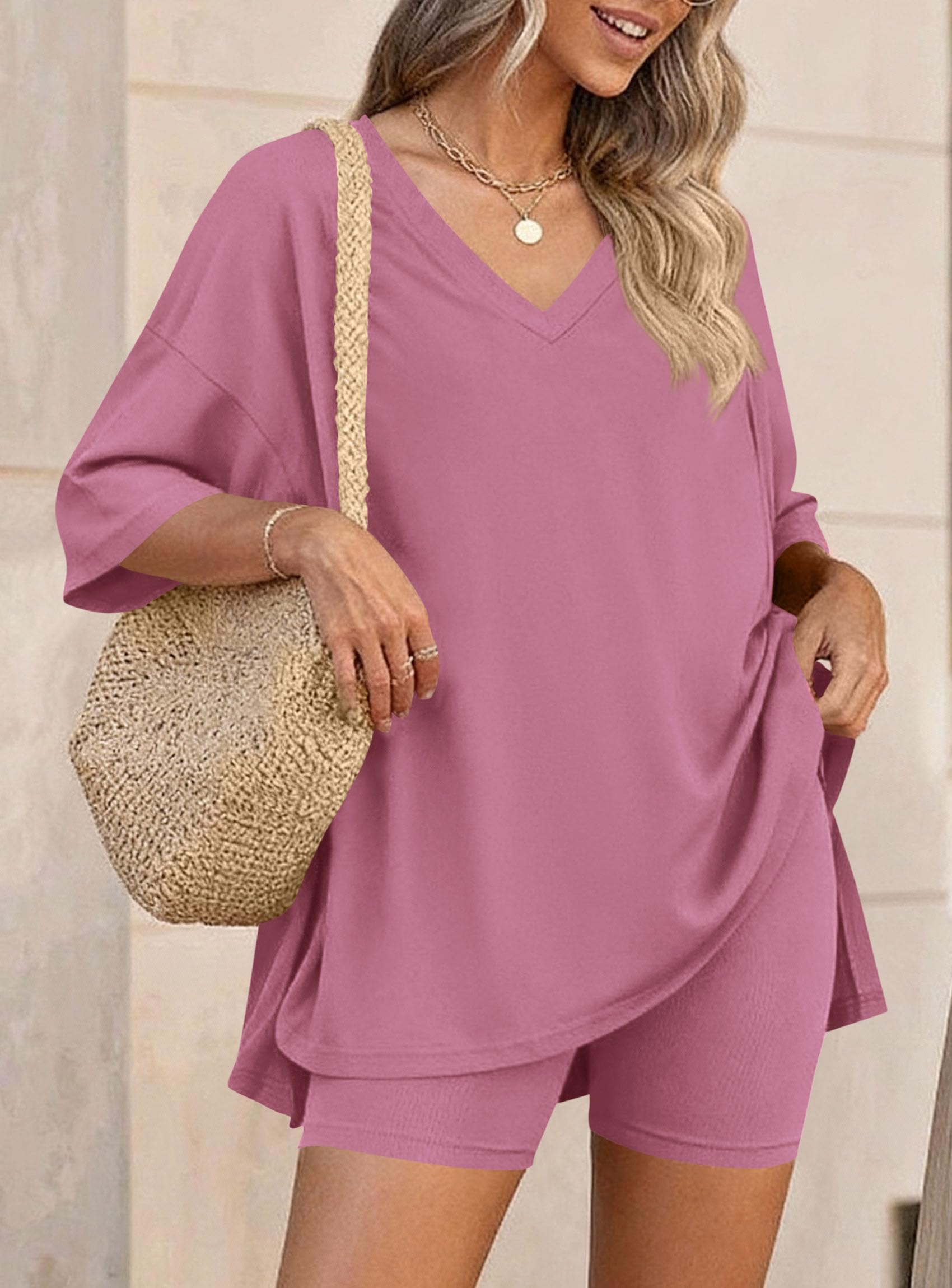 Womens 2 Piece Outfit Lounge Short Sets,Pink,S