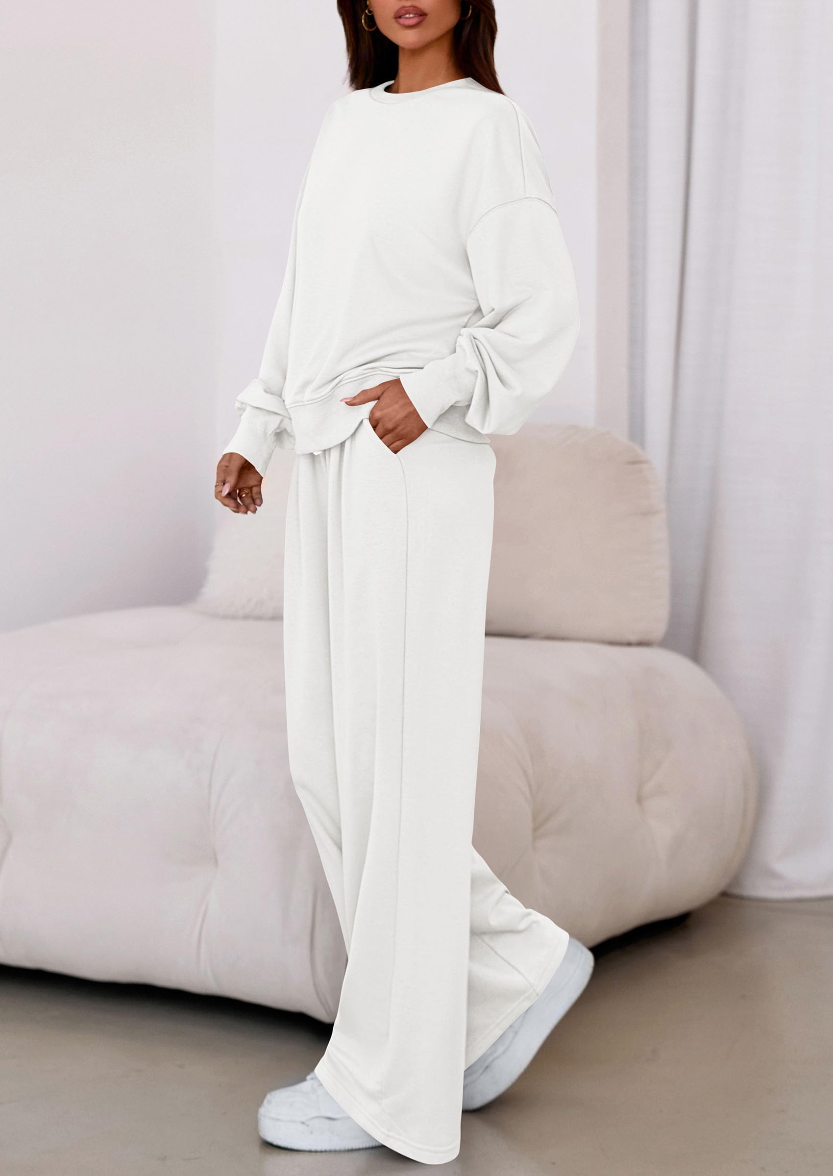 Womens Loose Fit Casual 2 Piece Lounge Set,White,M