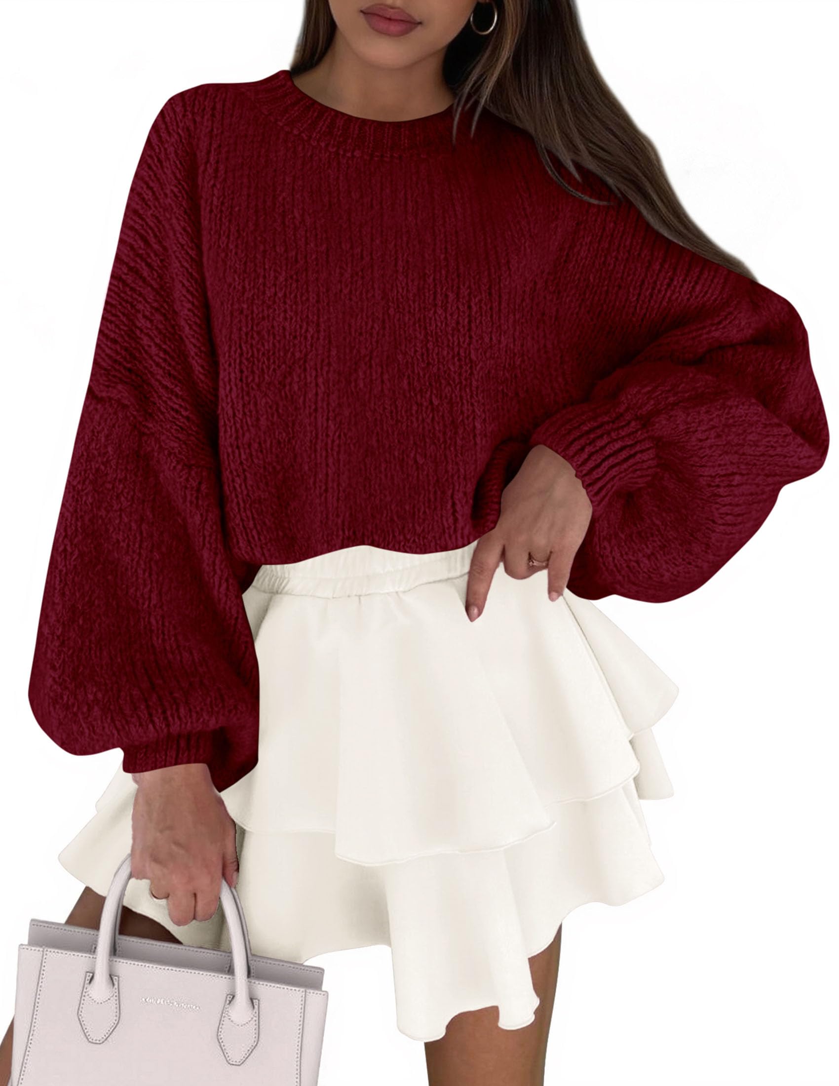 Women's Chunky Knit Oversized Pullover Sweaters,Burgundy,S