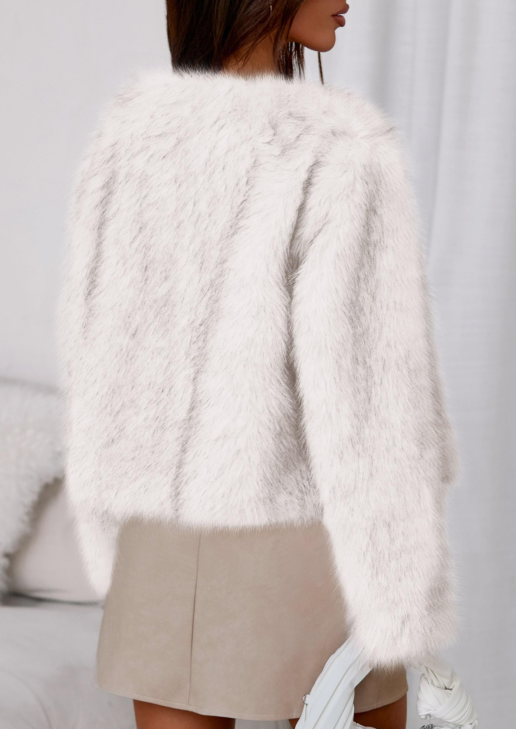 Womens Winter Coats Open Front Faux Fur Jacket,White,XXL
