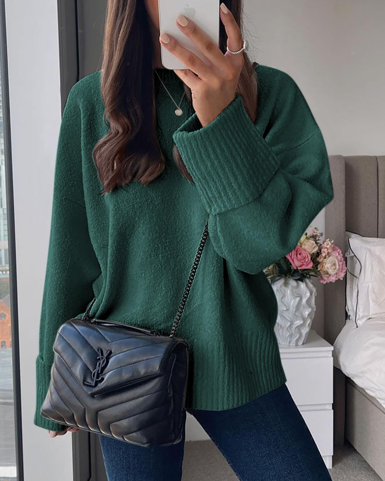 Women's Fall Fashion Cozy Oversized Sweaters(Dark Green,XS)