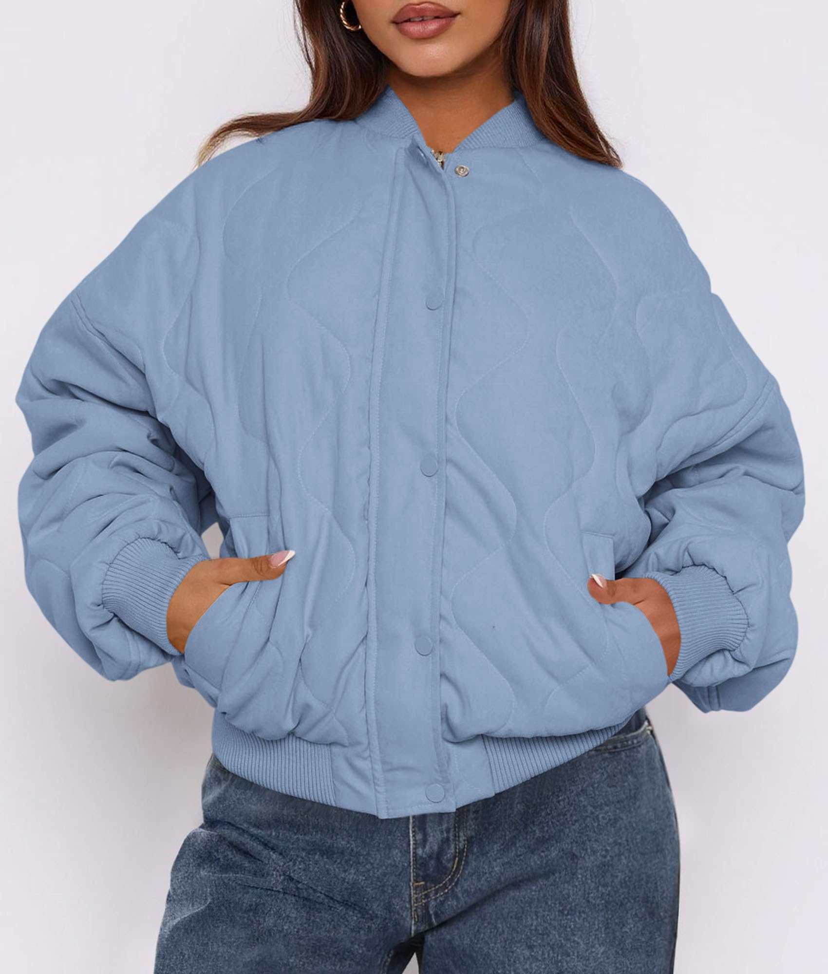 Women's Quilted Bomber Jacket Fall Fashion 2026 Lightweight Cropped Zip up Outerwear Winter Puffer Coats Pockets (Light Blue,Small)