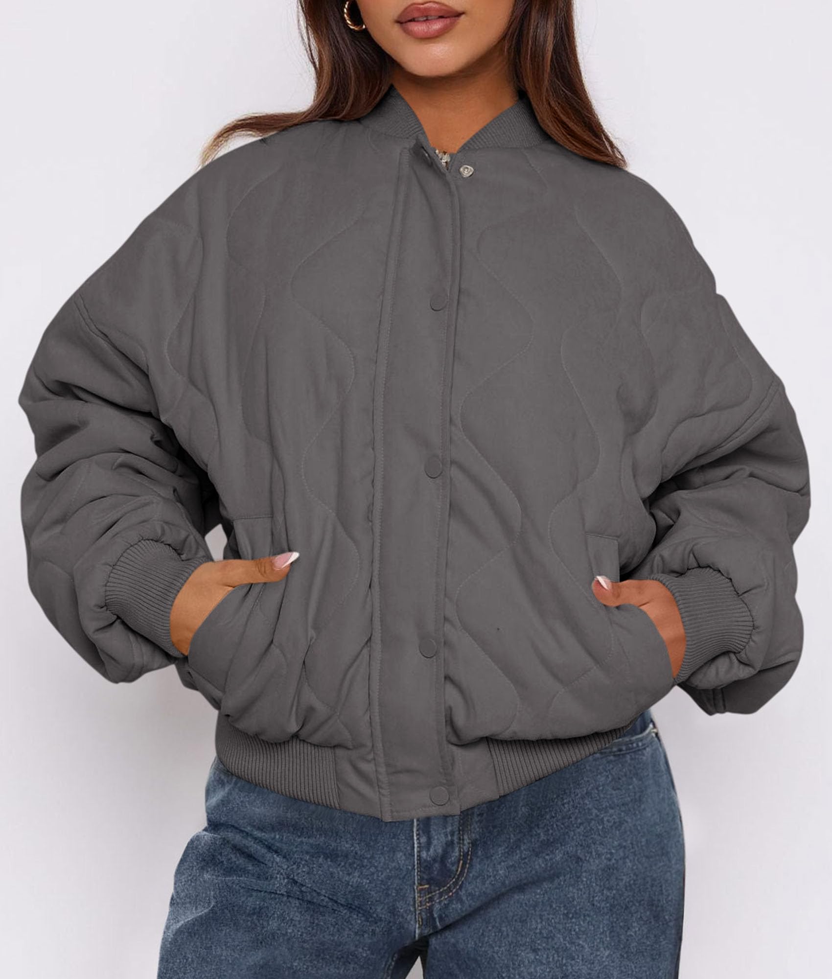 Women's Quilted Bomber Jacket Fall Fashion 2026 Lightweight Cropped Zip up Outerwear Winter Puffer Coats Pockets (Dark Grey,Small)