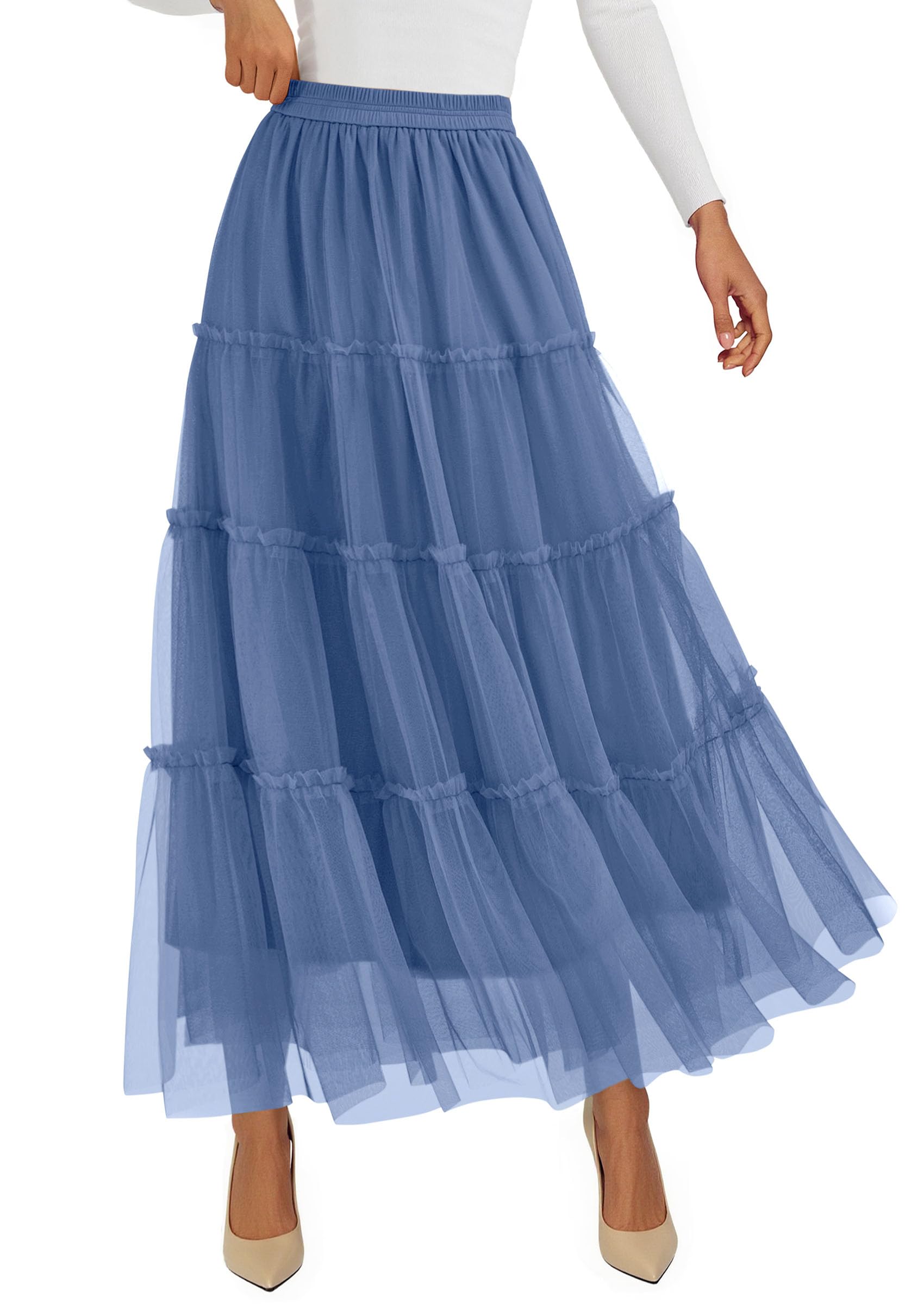 Women's Fall Soft Tulle Tiered Long Skirt,Grey Blue,S
