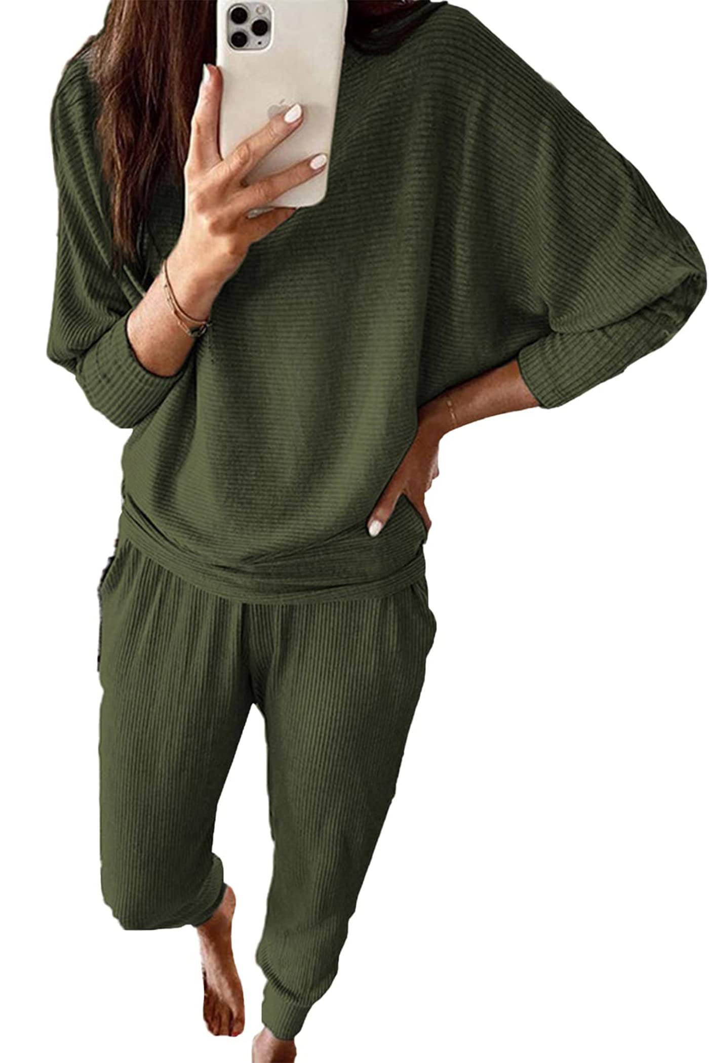 Women's 2 Piece Fall Outfits Matching Ribbed Knit Lounge Sets