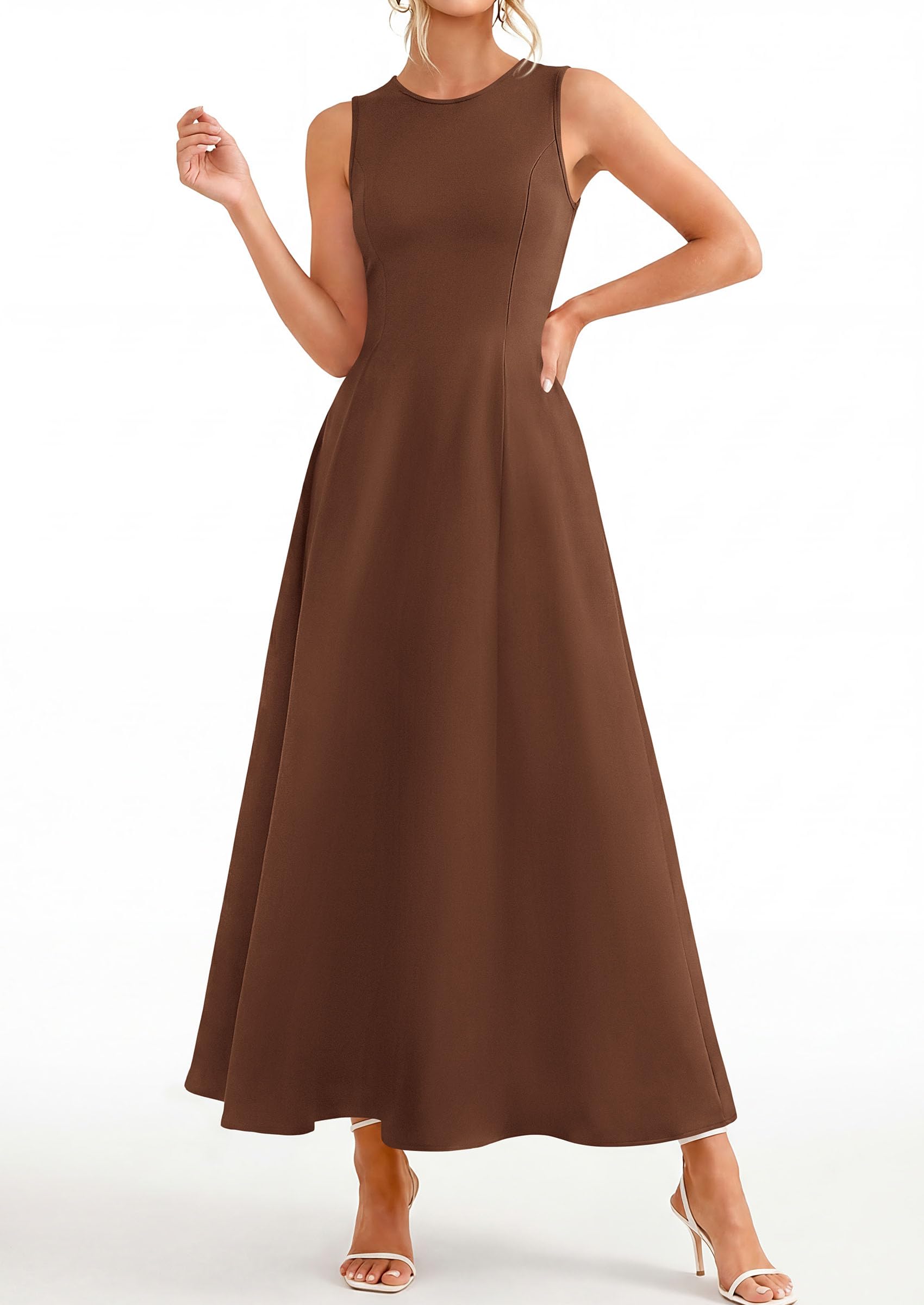 Women's Sleeveless Summer Elegant Maxi Dresses, Brown,S