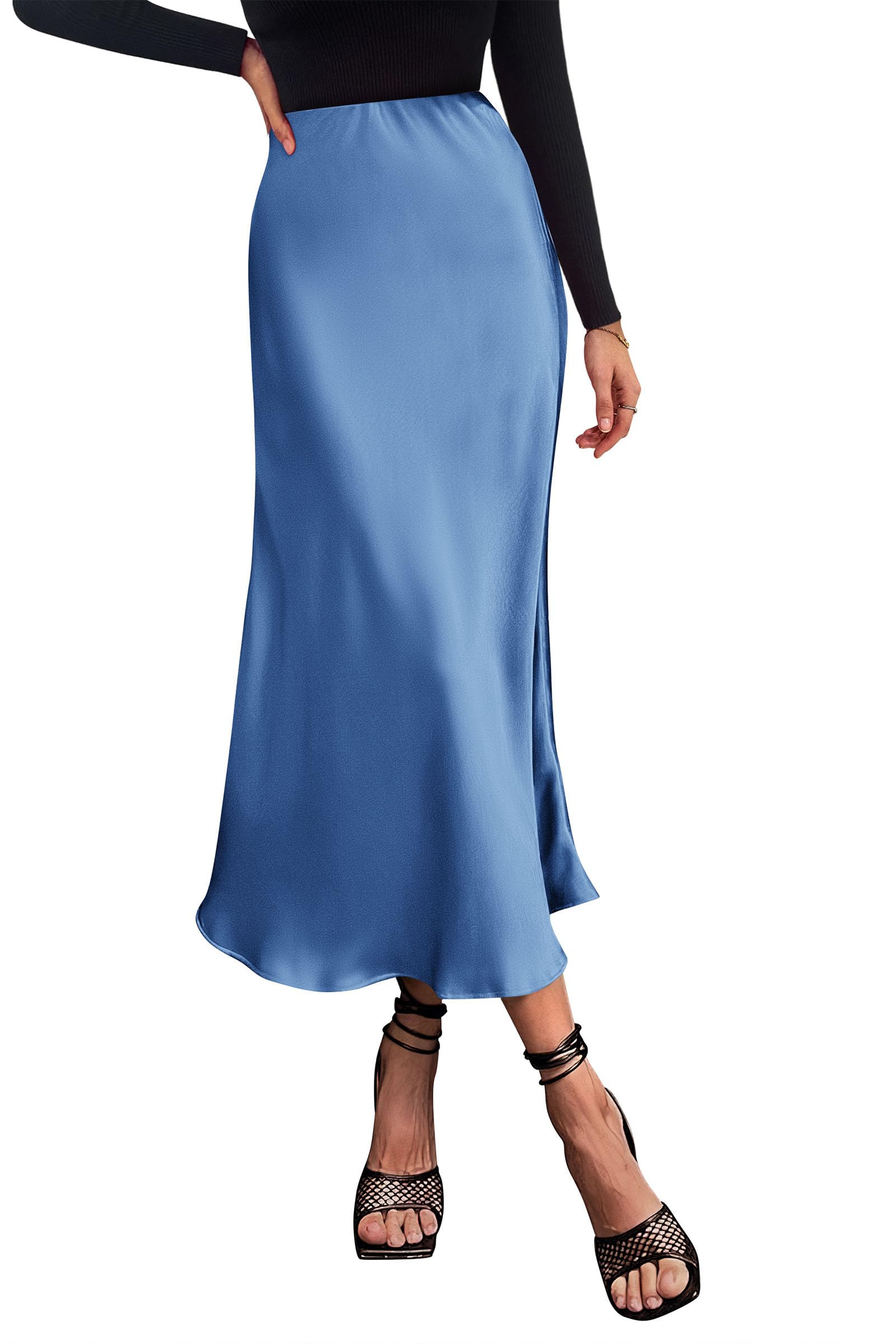 Women's Satin Midi Skirts Dressy Casual,Blue,S