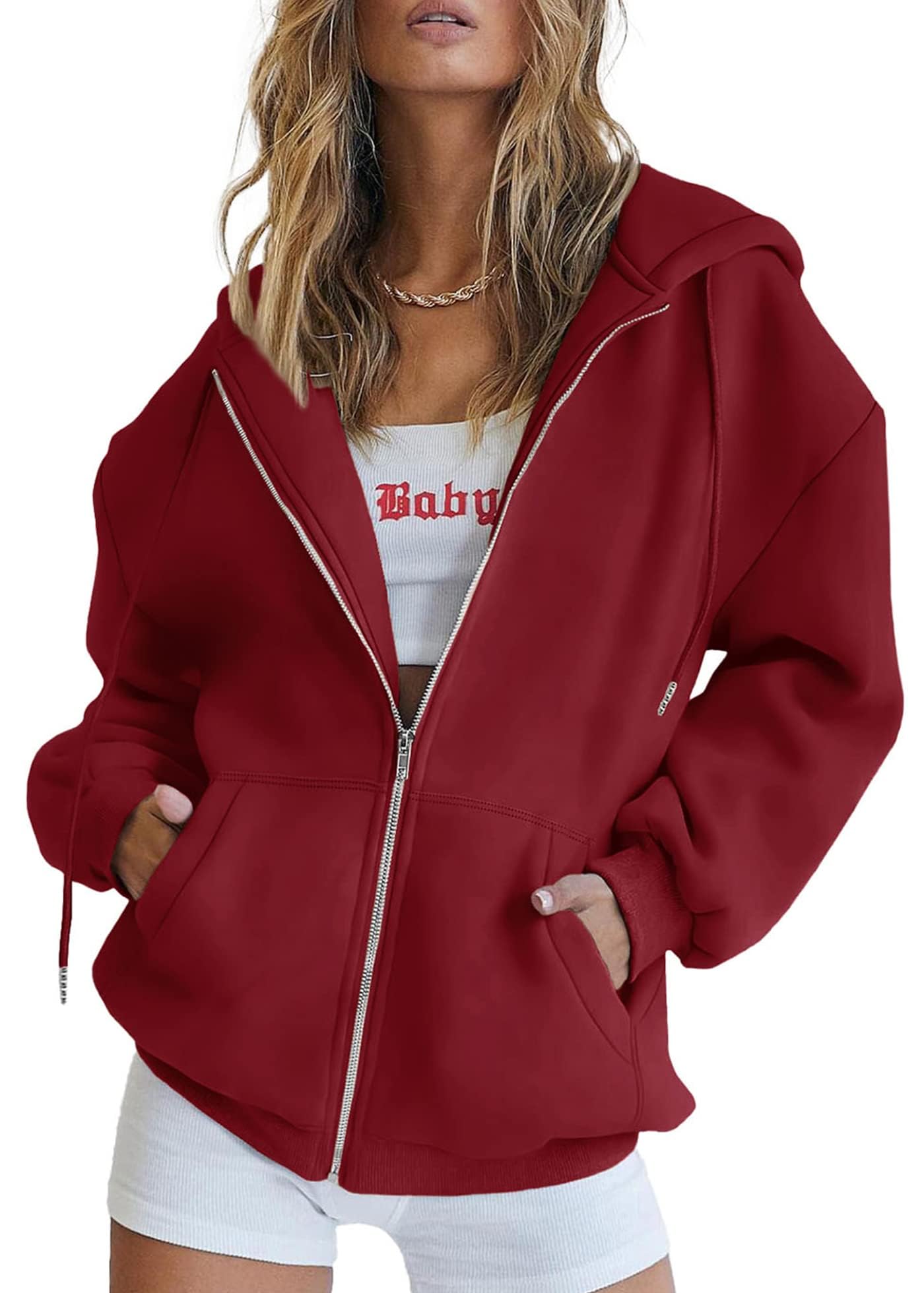 Women's Fall Zip Up Hoodies Sweatshirts Red