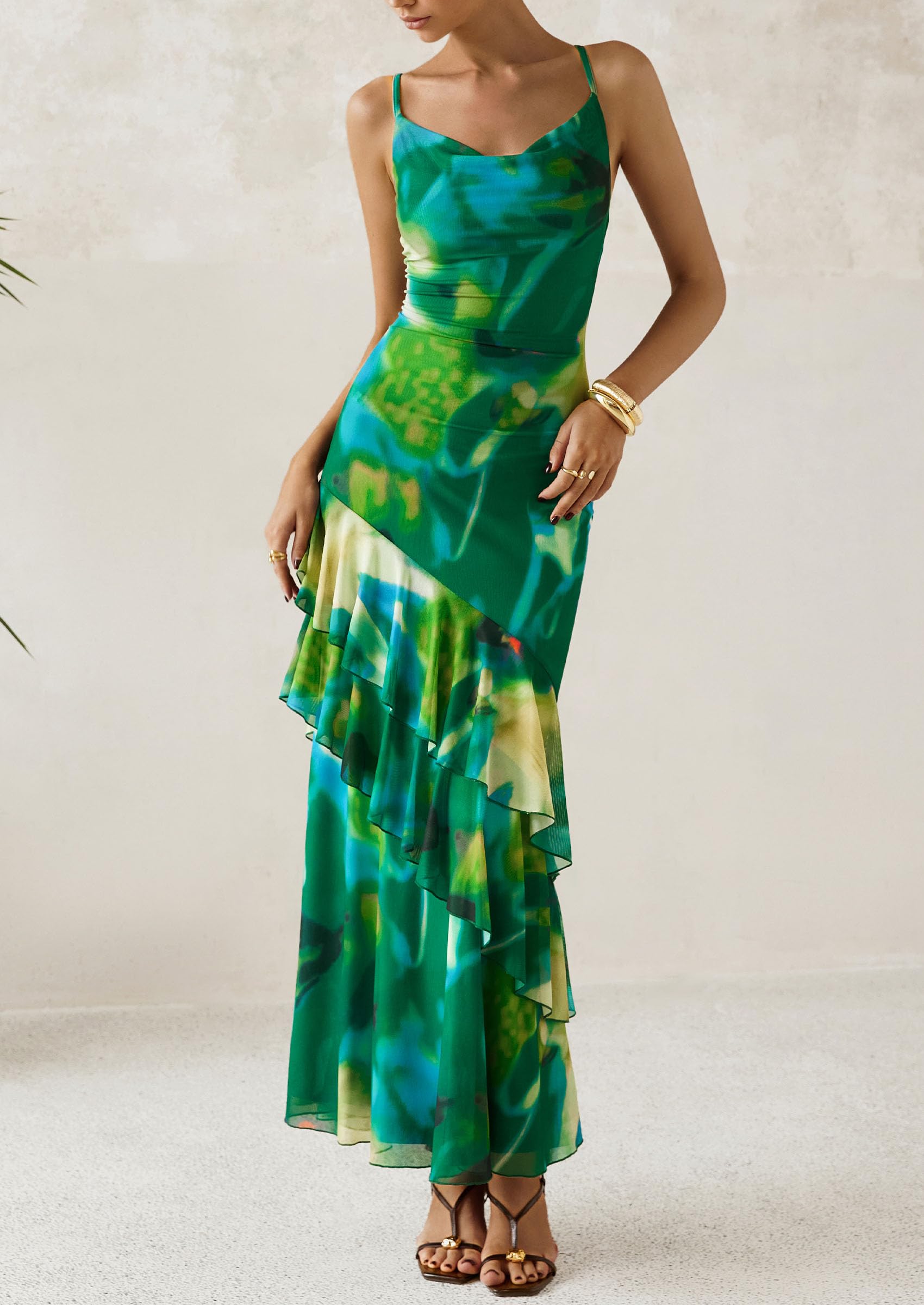 Women's Boho Floral Tiered Maxi Dress, Print Green,XS