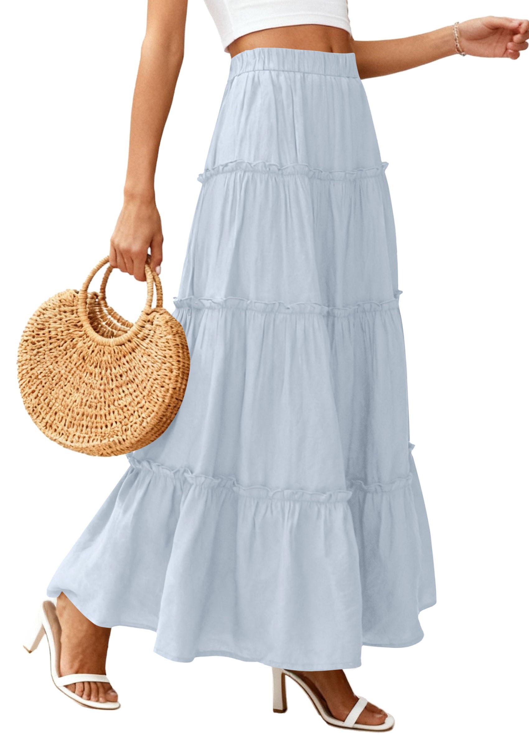Women's Boho Tiered Ruffle Flowy Maxi Skirt, Light Blue,S