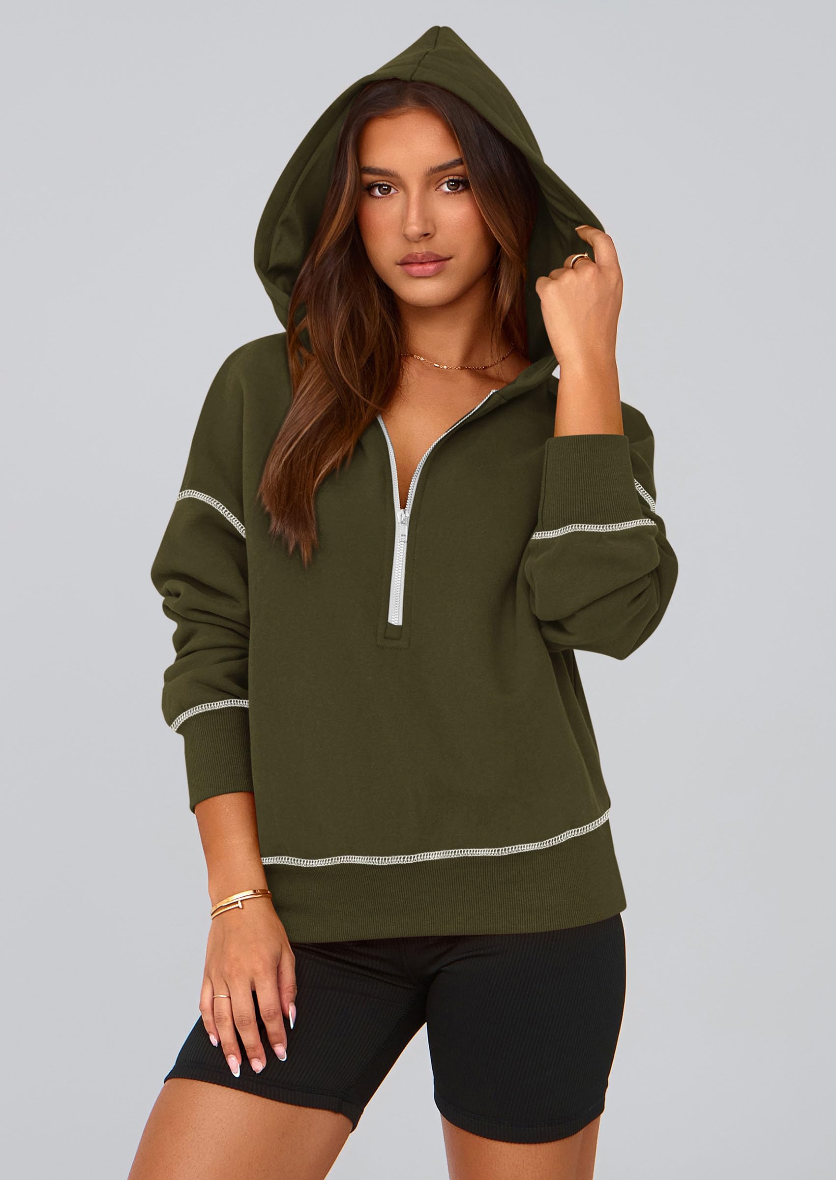 Women's Fall Half Zip Cropped Hoodie Sweatshirt Army Green