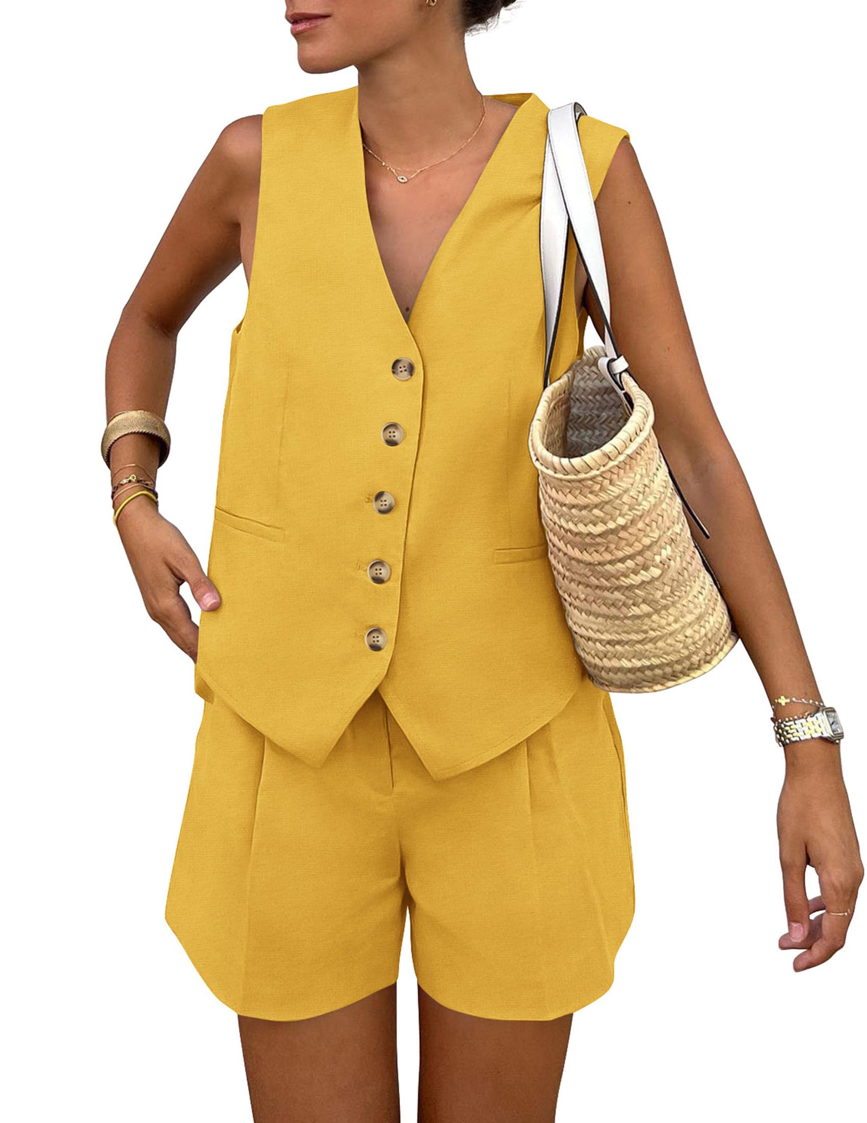 Women's Summer Two Piece Outfits Sets (Yellow,X-Small)
