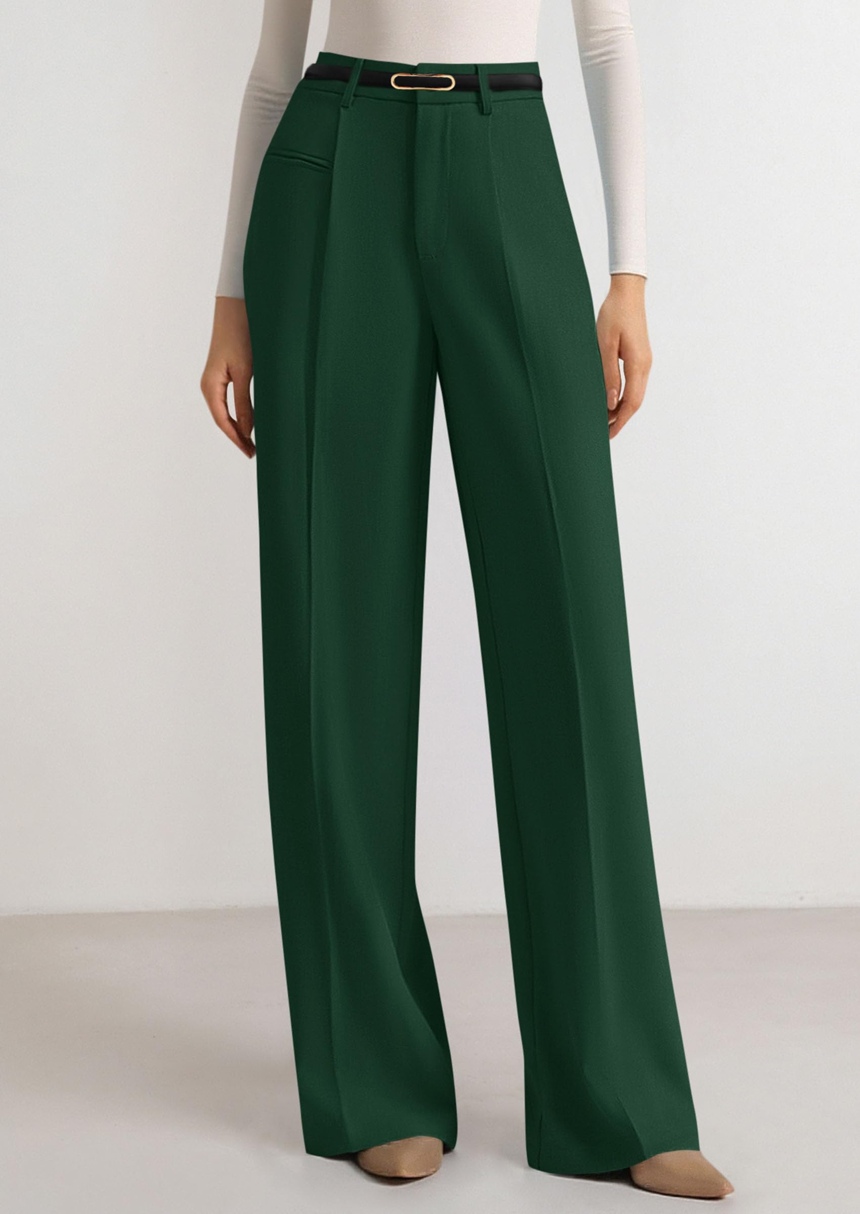 Women's Tailored Wide Leg Work Dress Pants,Dark Green,S