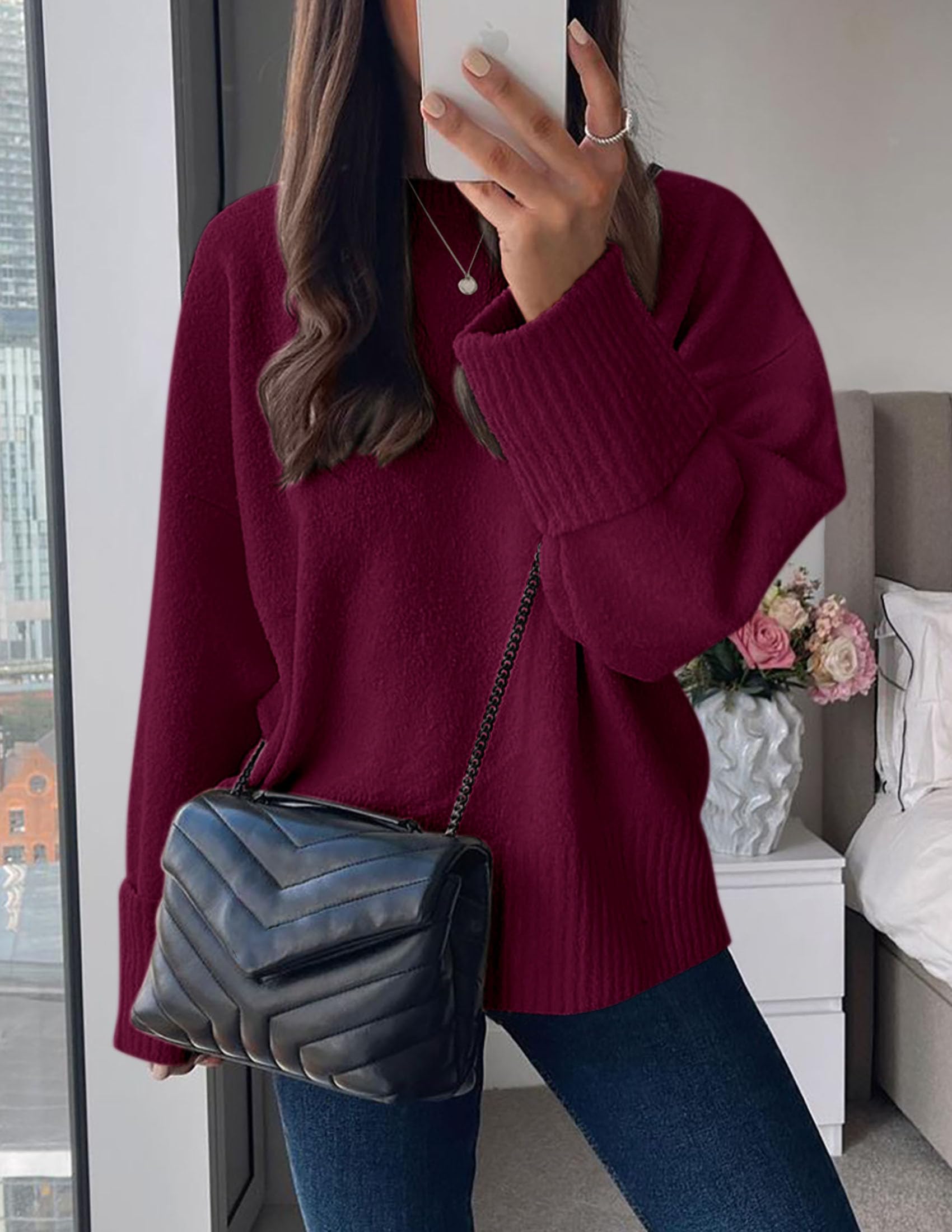 Women's Fall Fashion Cozy Oversized Sweaters(Wine Red,XS)