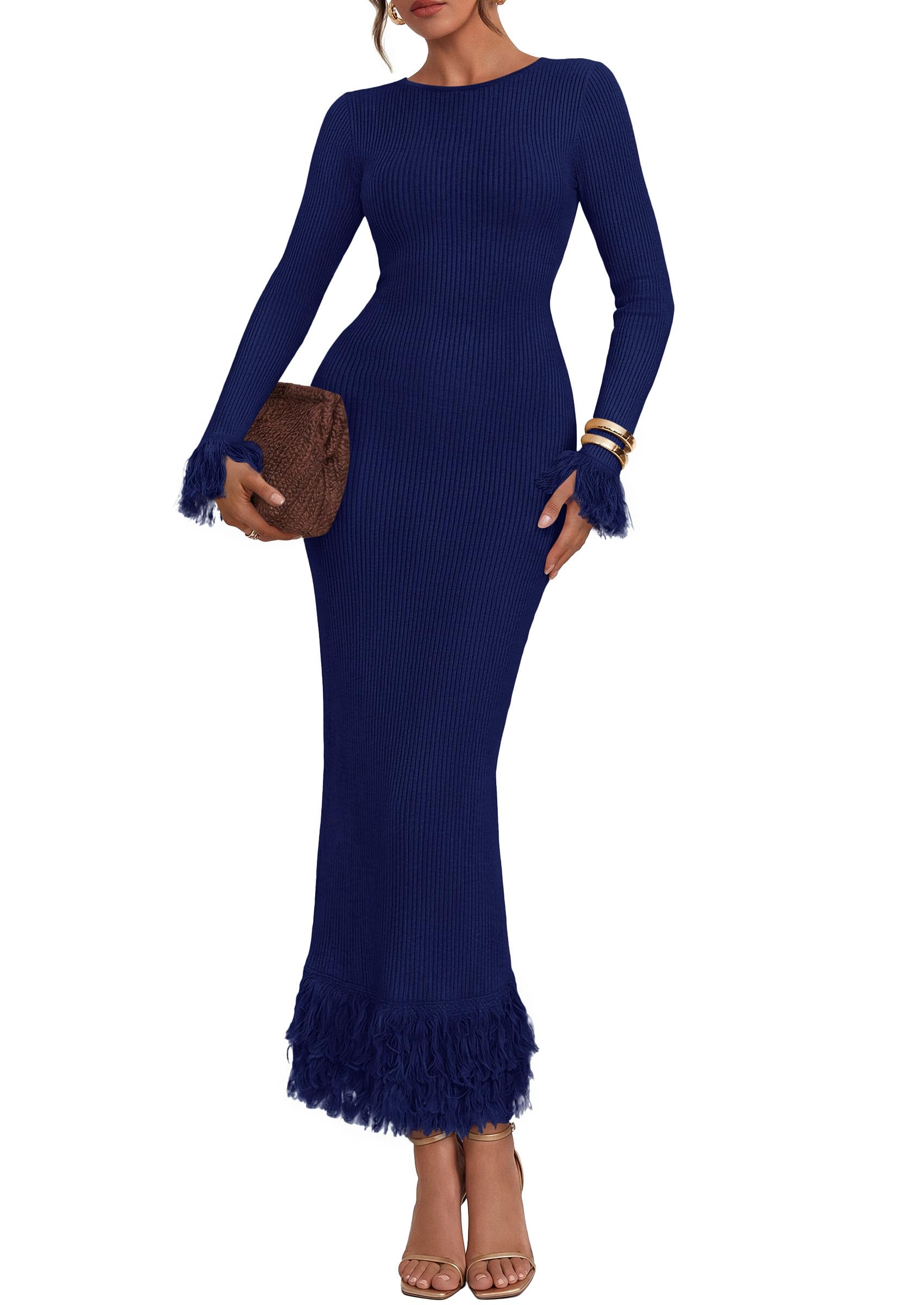 Womens Long Sleeve Bodycon Sweater Dress,Navy Blue,Small
