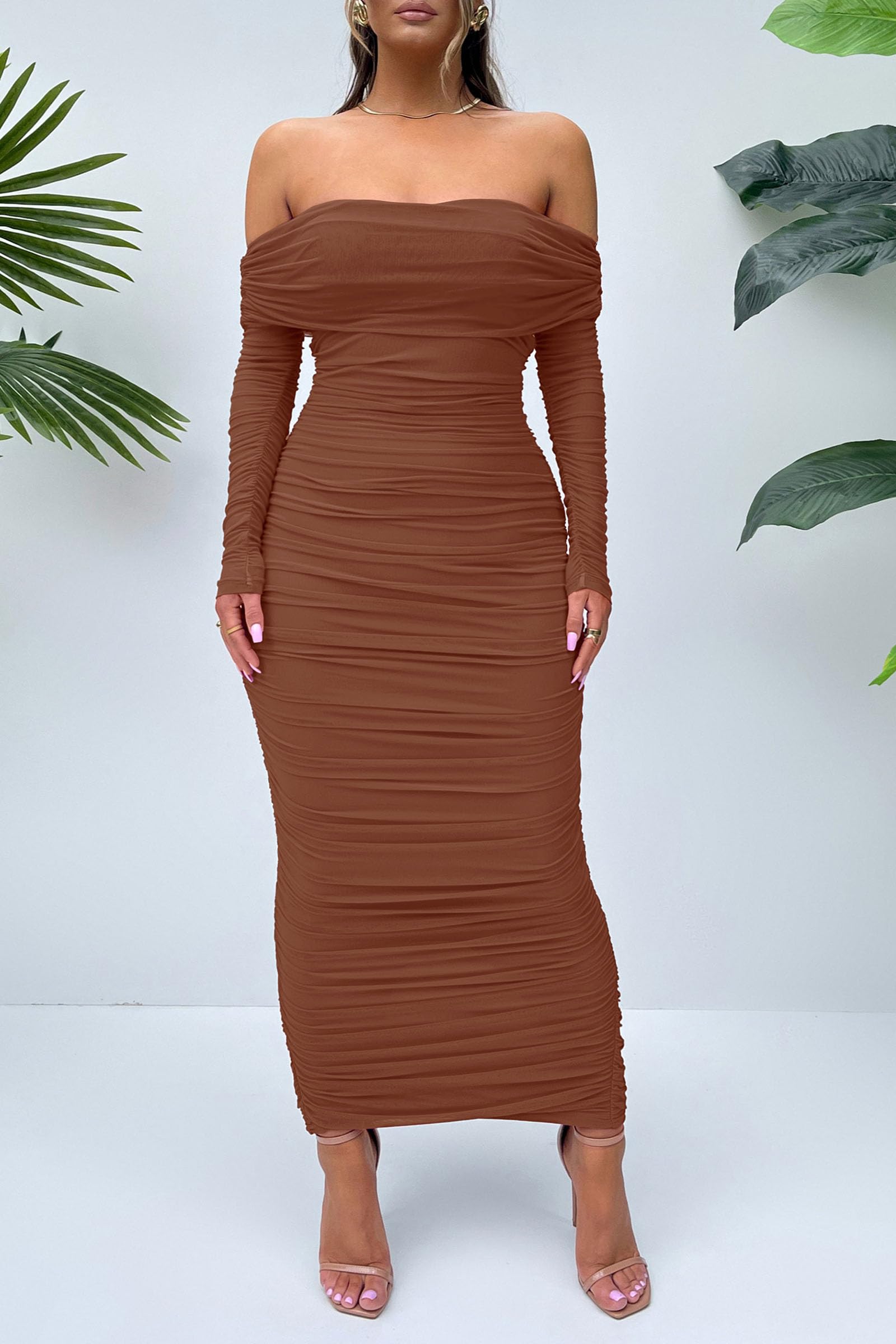 Women's Off the Shoulder Maxi Bodycon Dress, Caramel,S