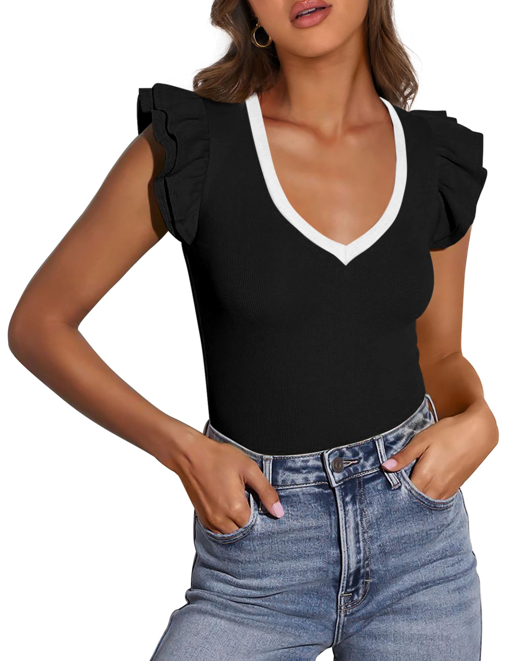 Womens Sleeveless Slim Fit T Shirts,Black White,M