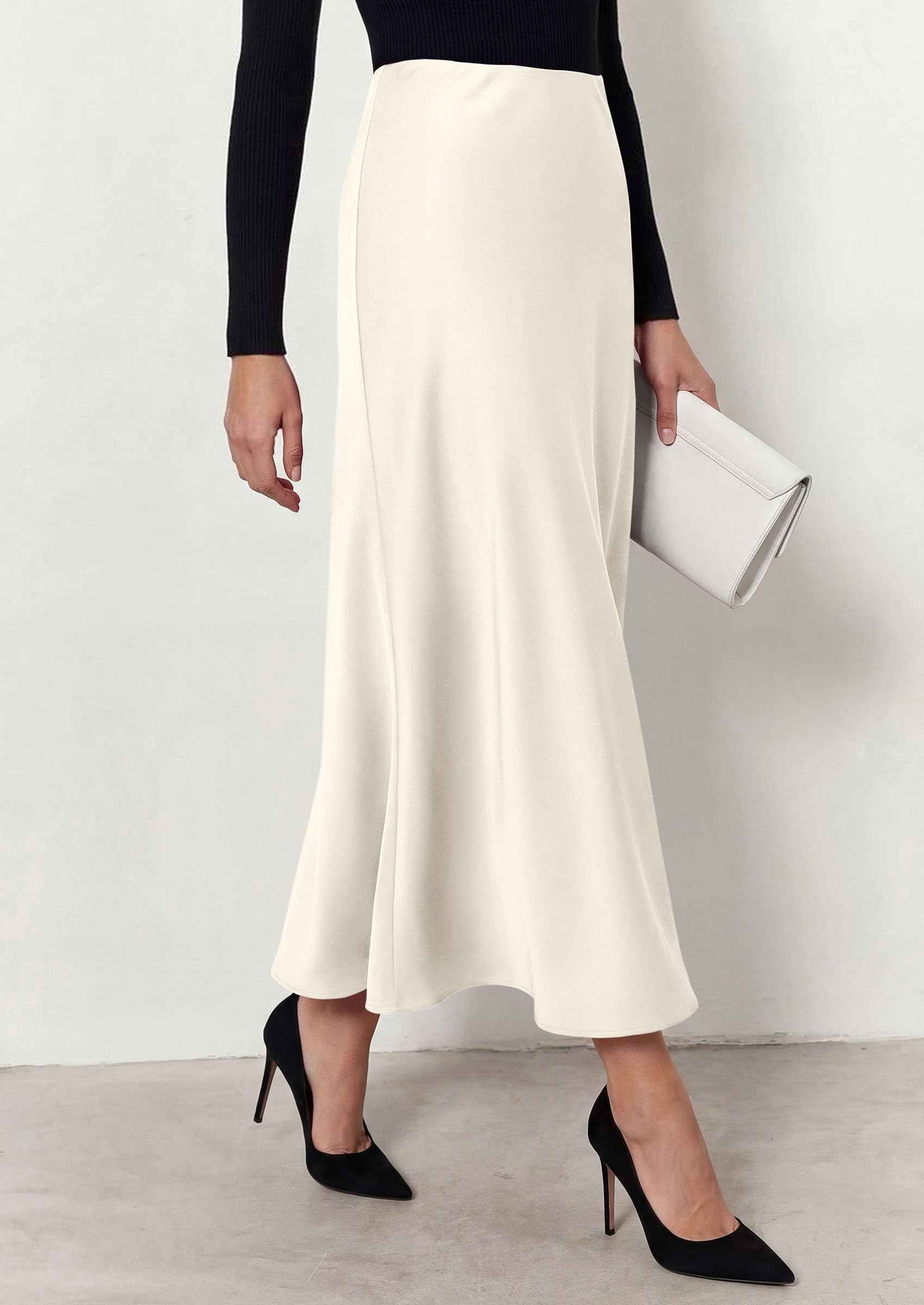 Women's Silk Satin Maxi Skirts Fall Clothes (Beige,L)