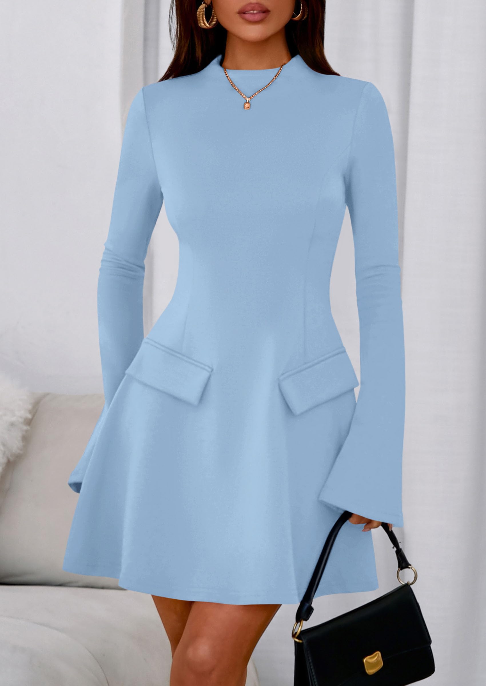 Women's Fall Bell Sleeve Short Dress,Light Blue,XS