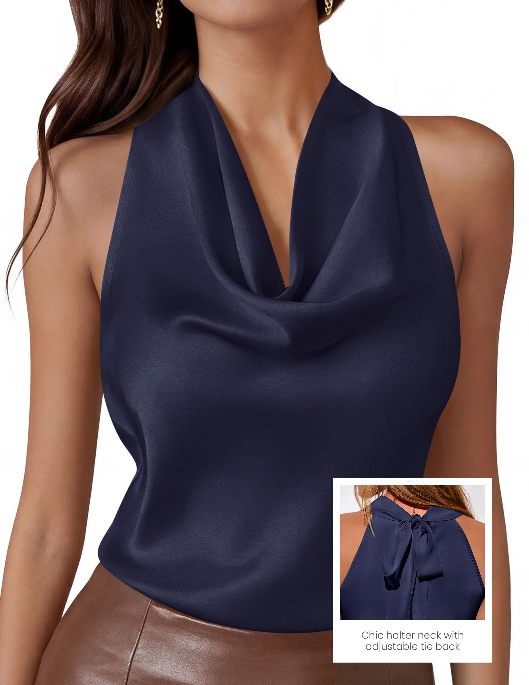 Satin Halter Tops for Women Dressy Casual Navy,XS