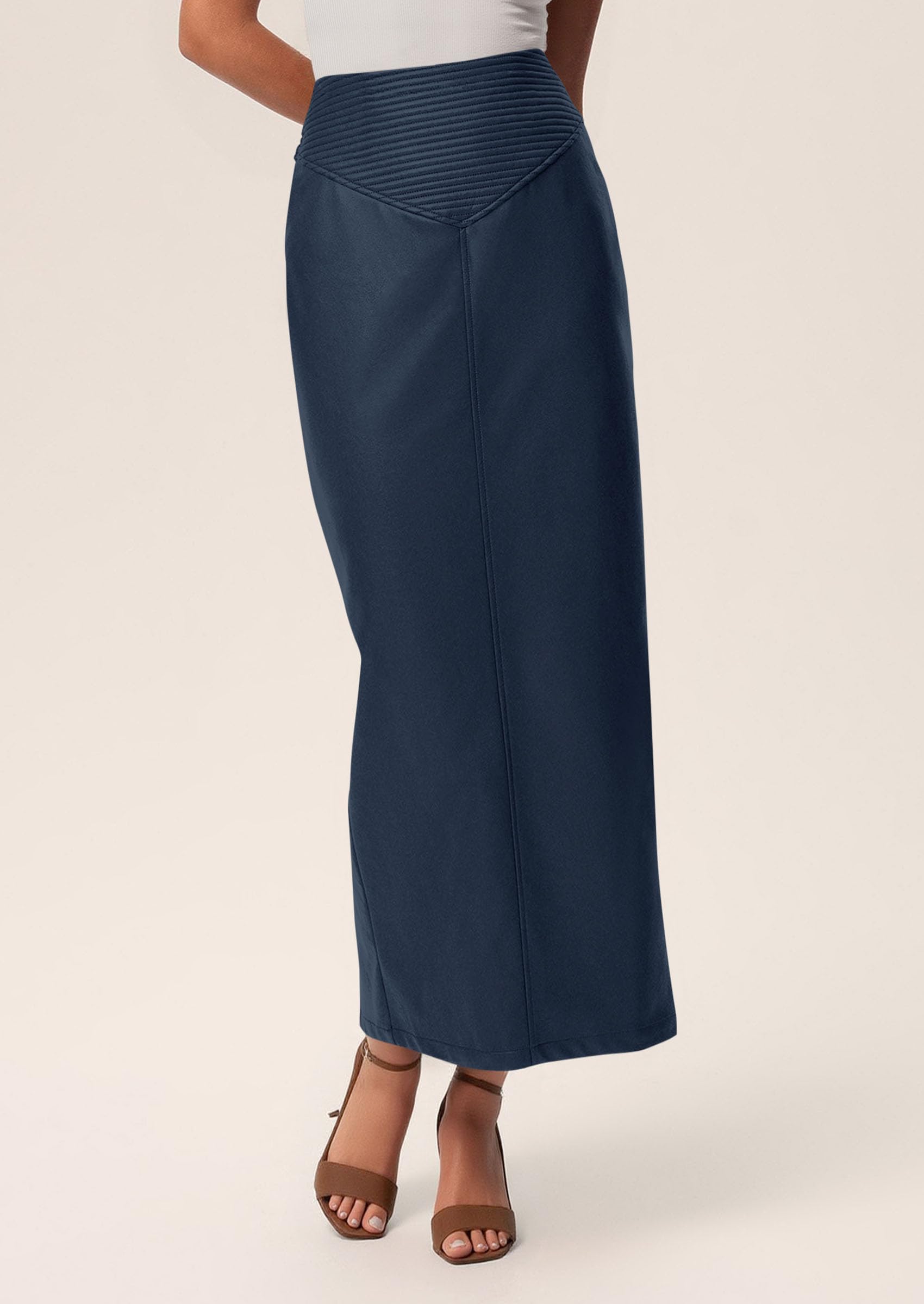 Women's Faux Leather High Waisted Maxi Skirts,Navy Blue,XS