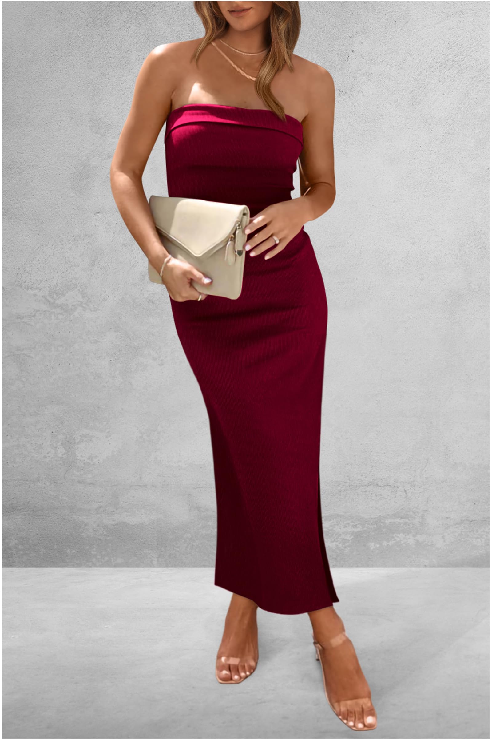 Women's Summer Strapless Cocktail Maxi Dresses Wine Red