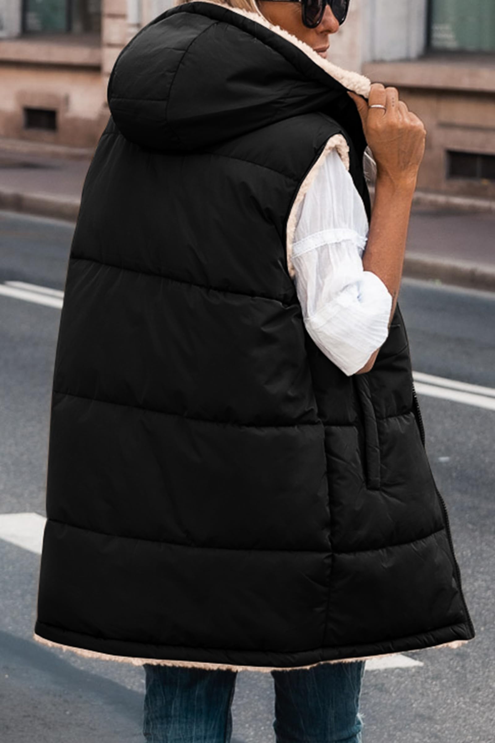 Women's Winter Reversible Fleece Long Vests(Black,S)