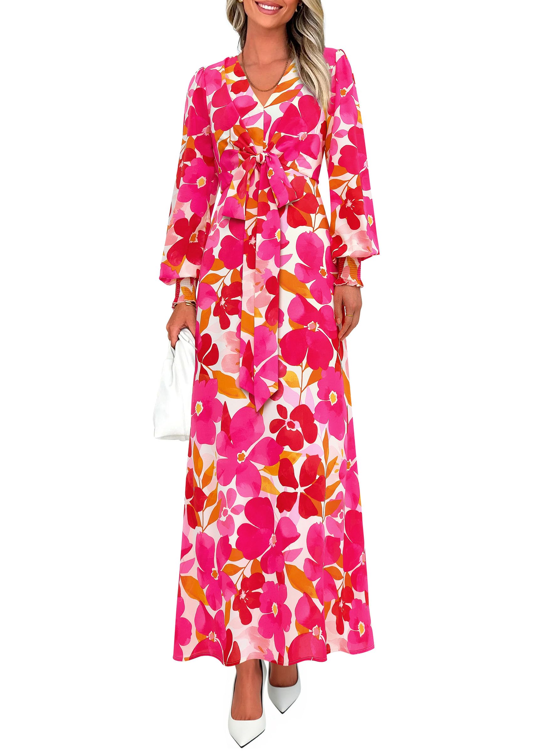 Women's Tie Waist Floral Maxi Dress,Floral White Rose Red,S