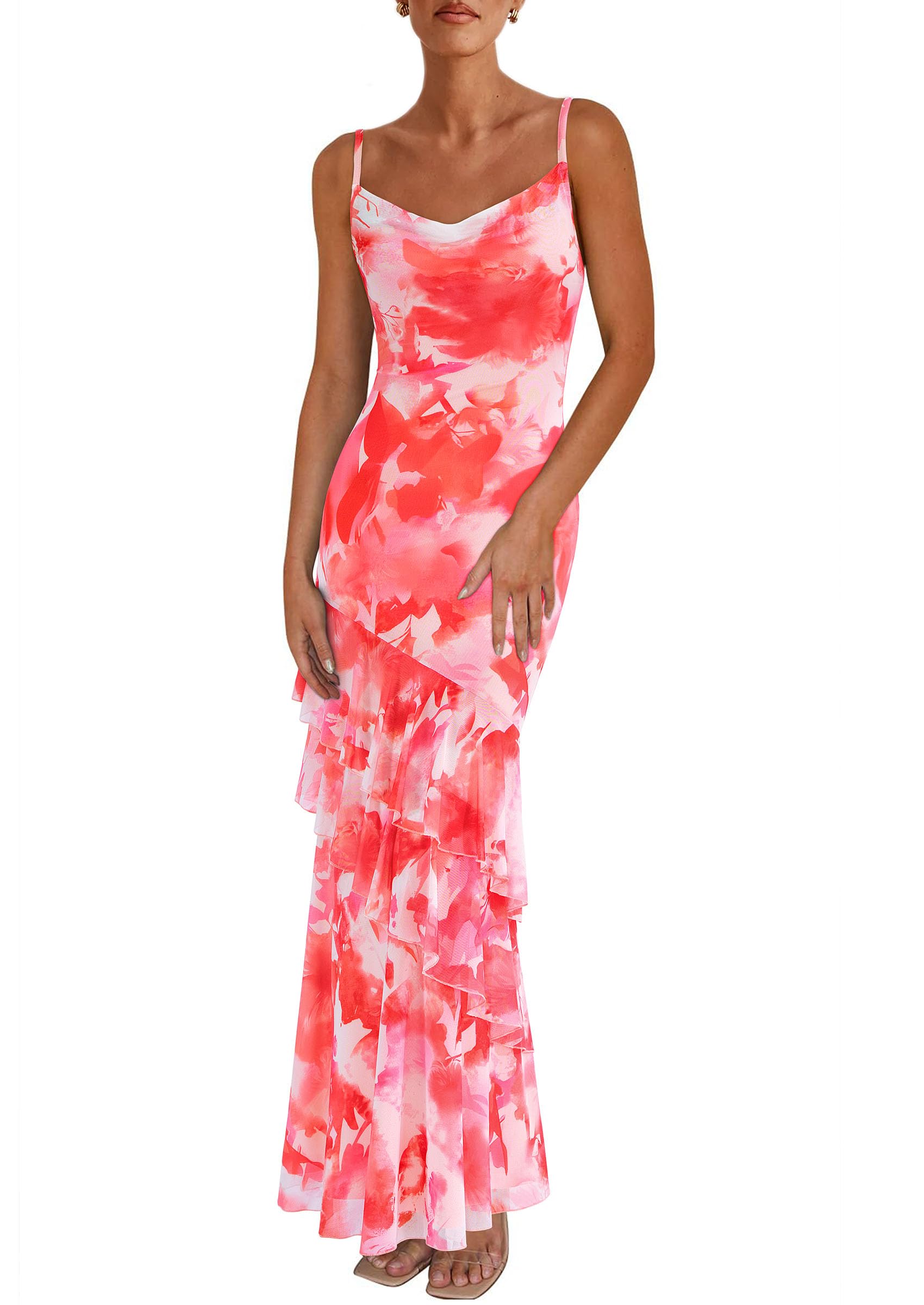 Women's Boho Floral Tiered Maxi Dress, Floral Pink Red,XS