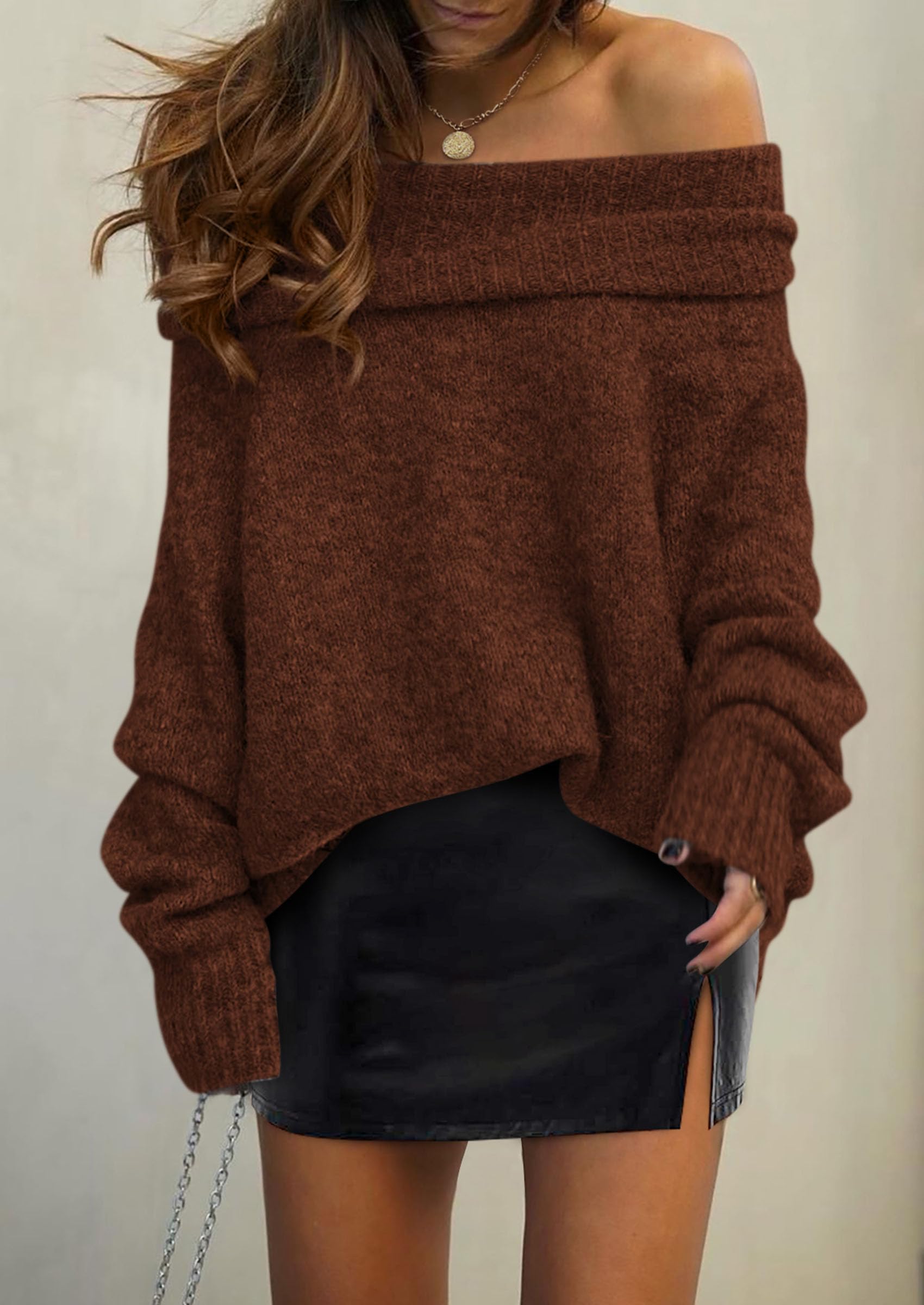 Women's Fall Off The Shoulder Sweater,Coffee,S