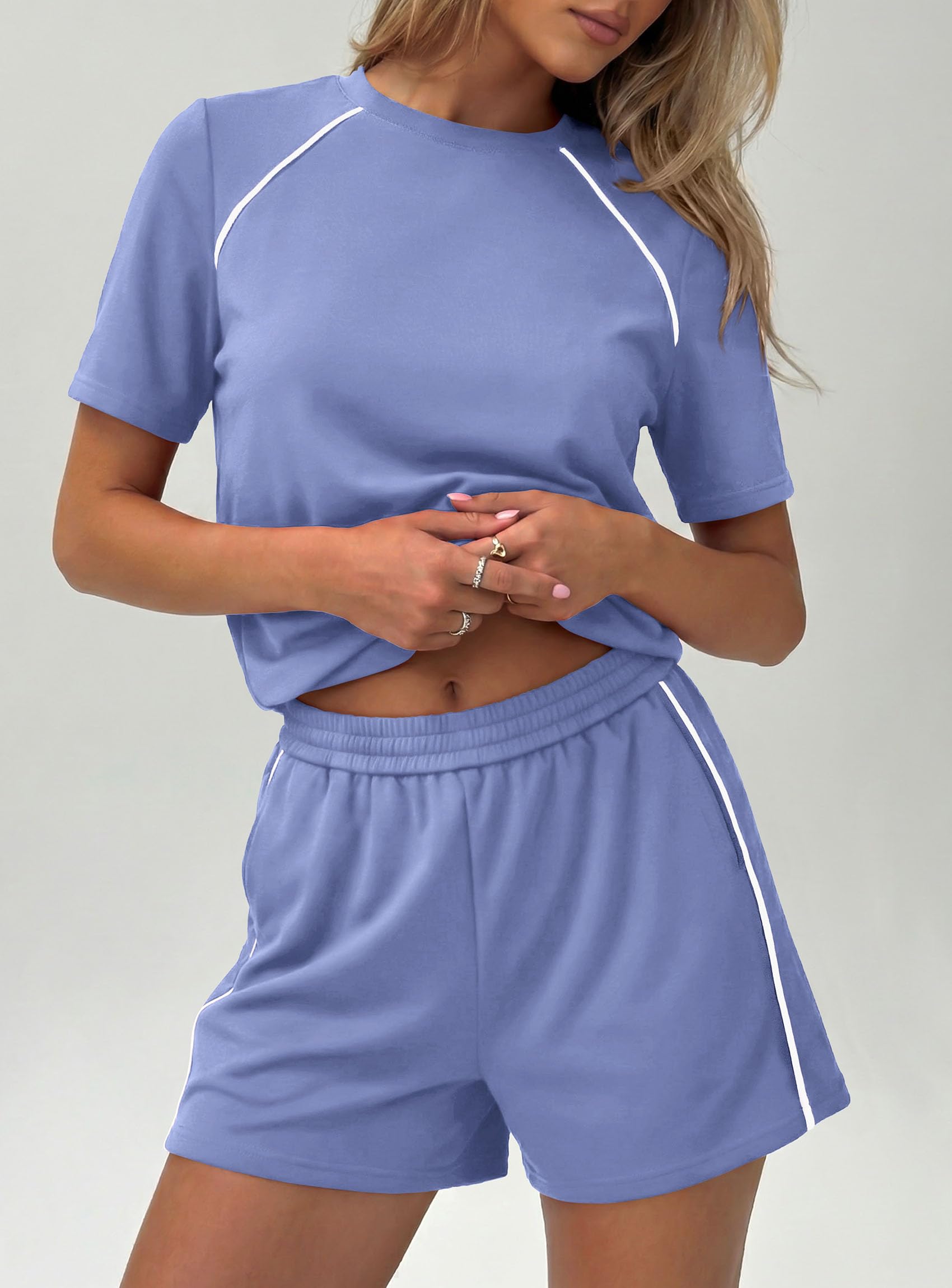 Womens 2 Piece Short Sets Casual Summer Outfits, Light Blue,S