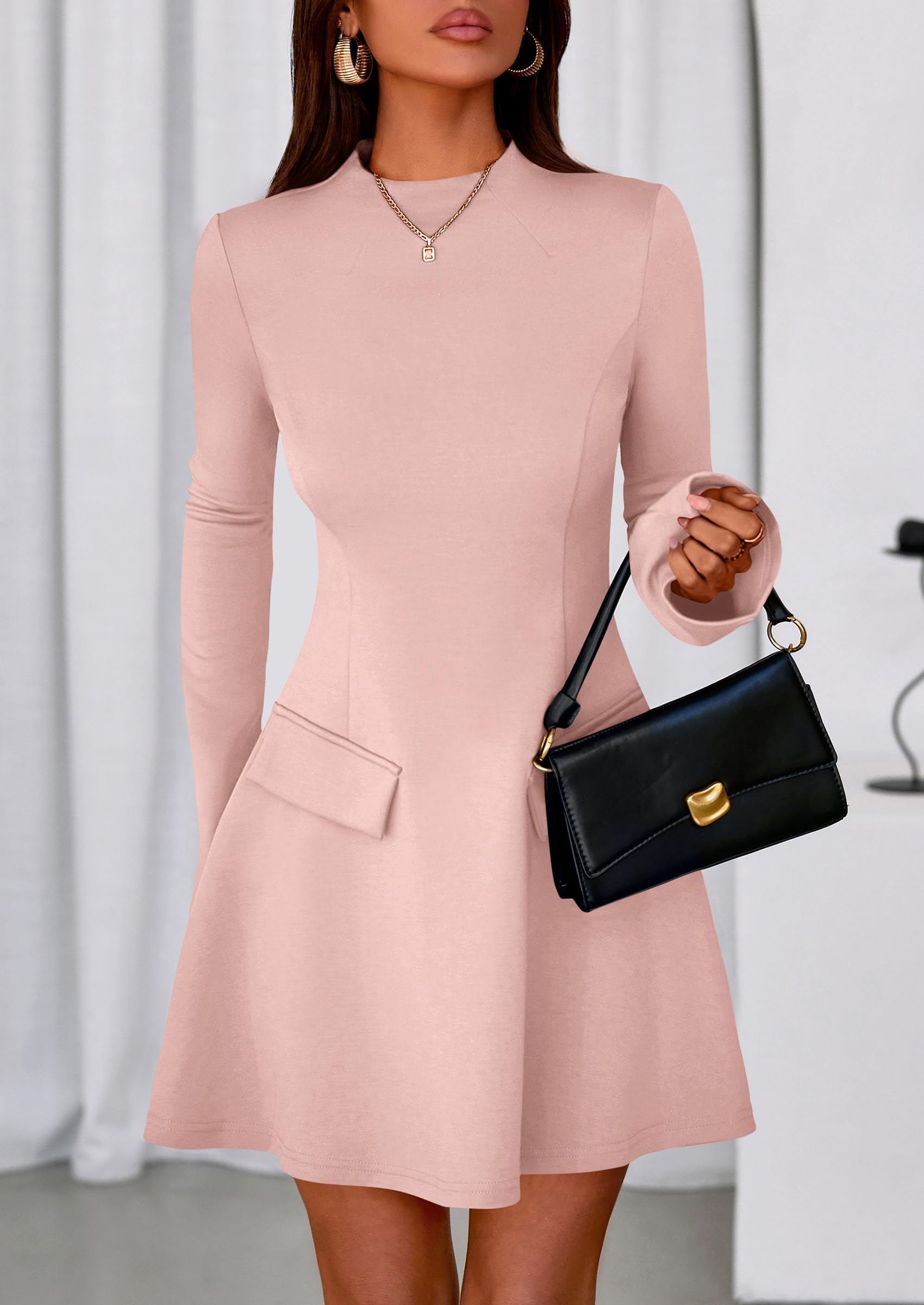 Women's Fall Bell Sleeve Short Dress,Light Pink,XS