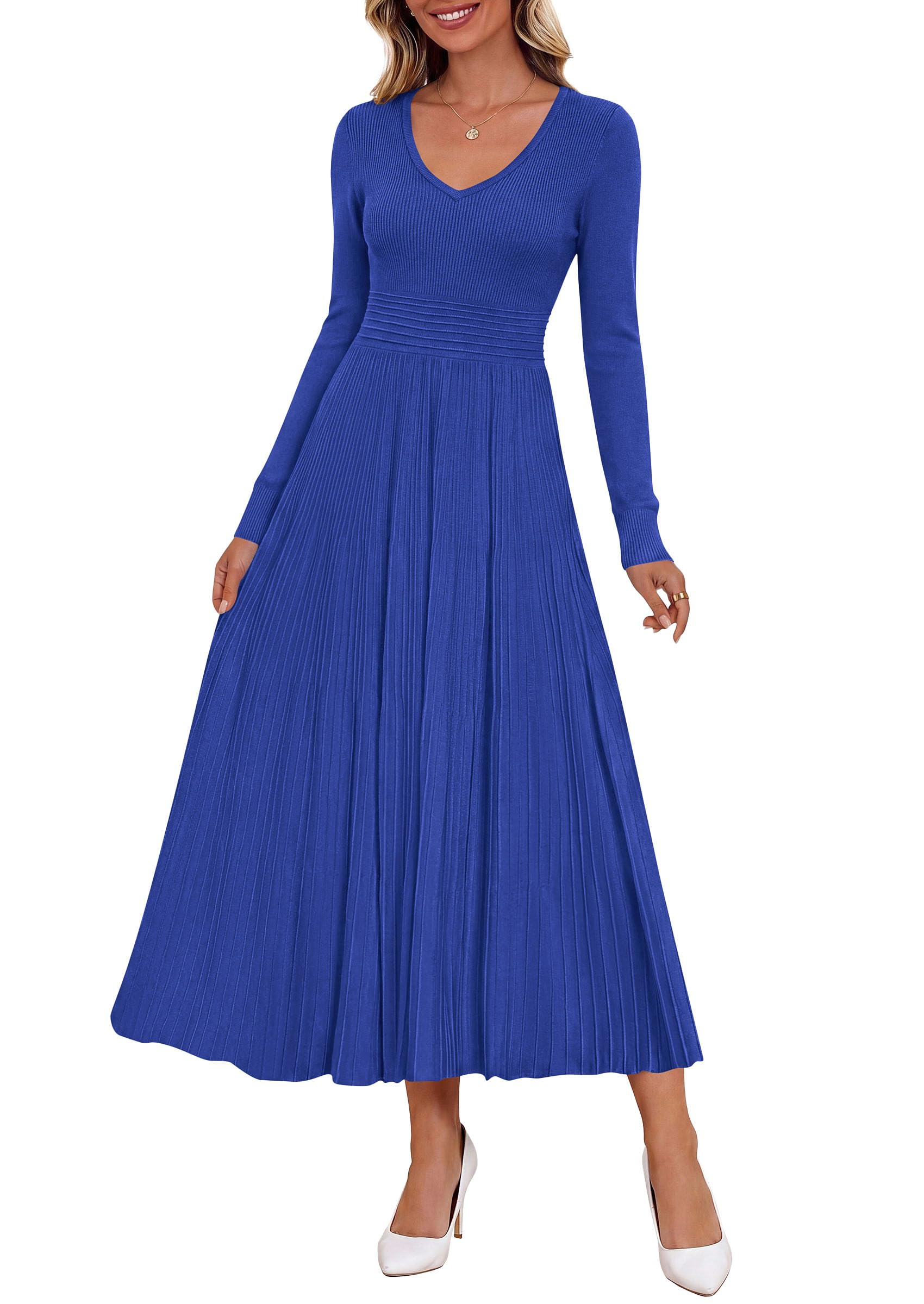 Women's Fall V Neck Pleated Midi Sweater Dress,Royal Blue,S
