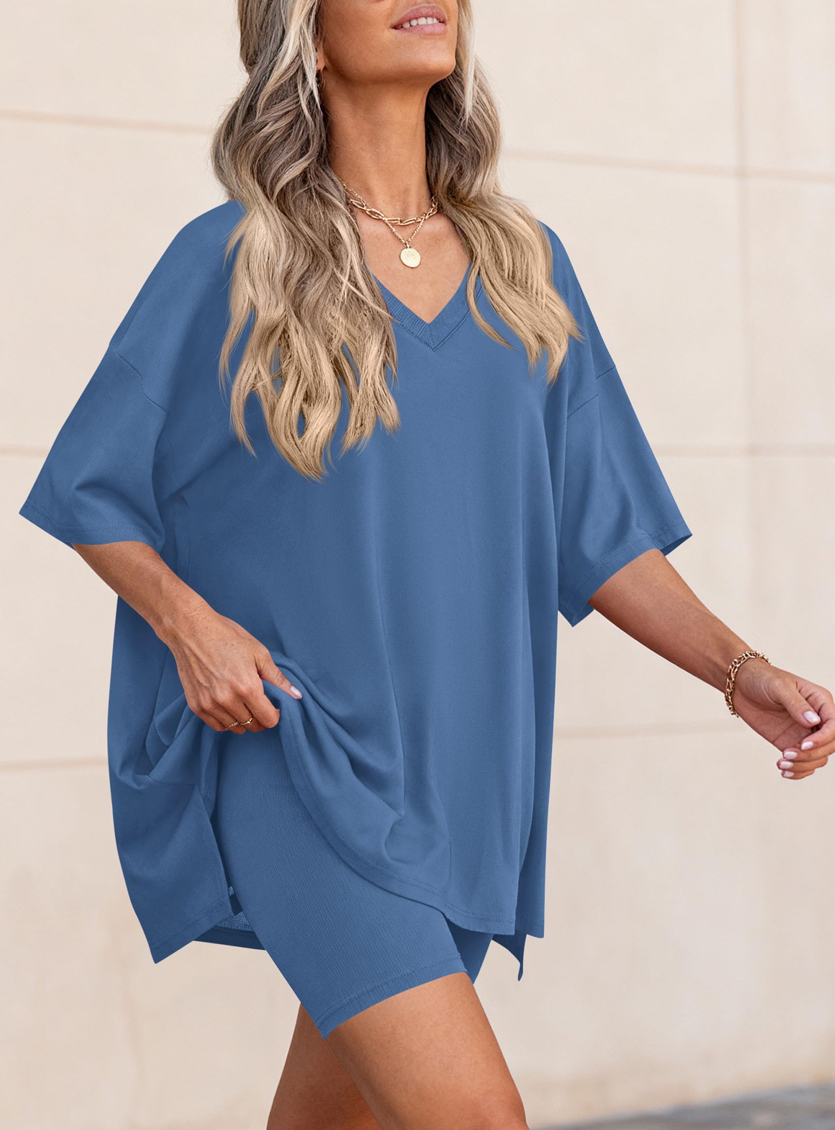 Womens 2 Piece Outfit Lounge Short Sets,Blue,S