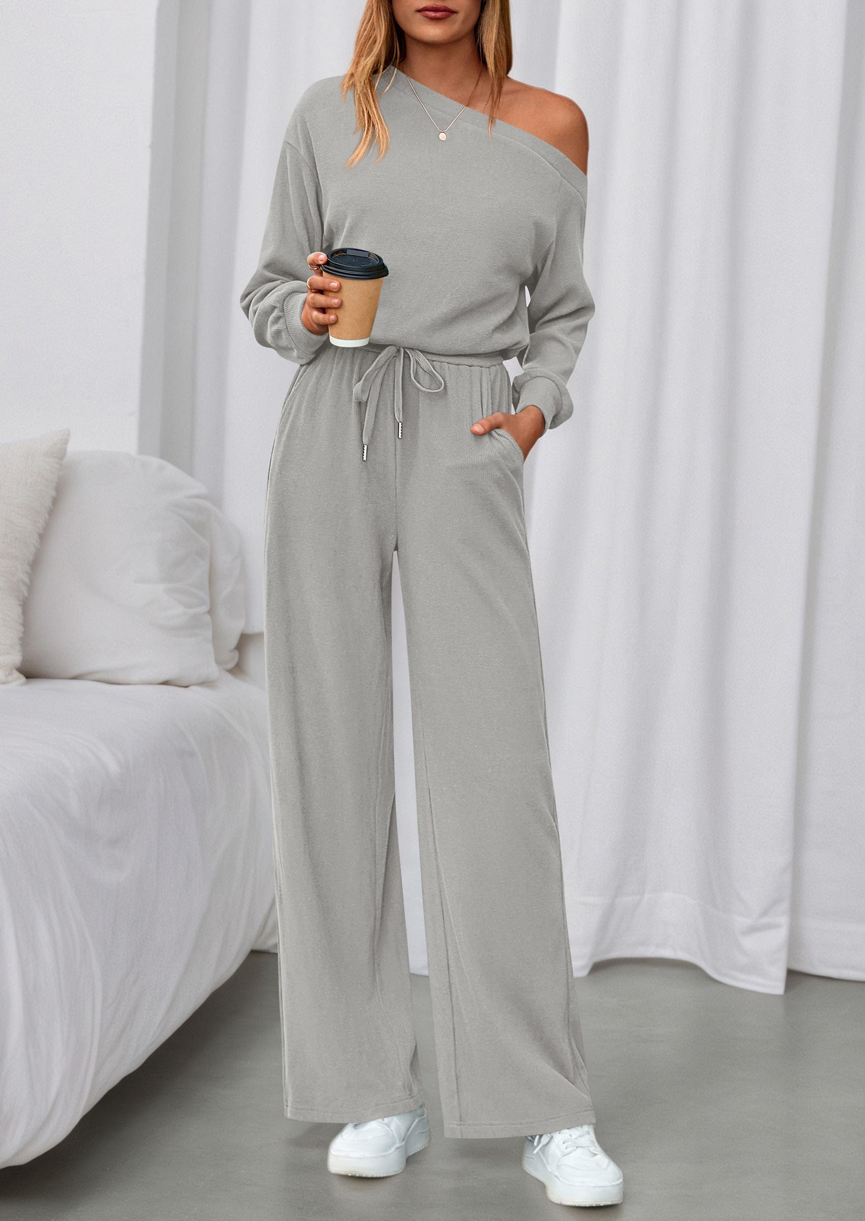 Womens Off Shoulder Long Sleeve Jumpsuit,Grey,S